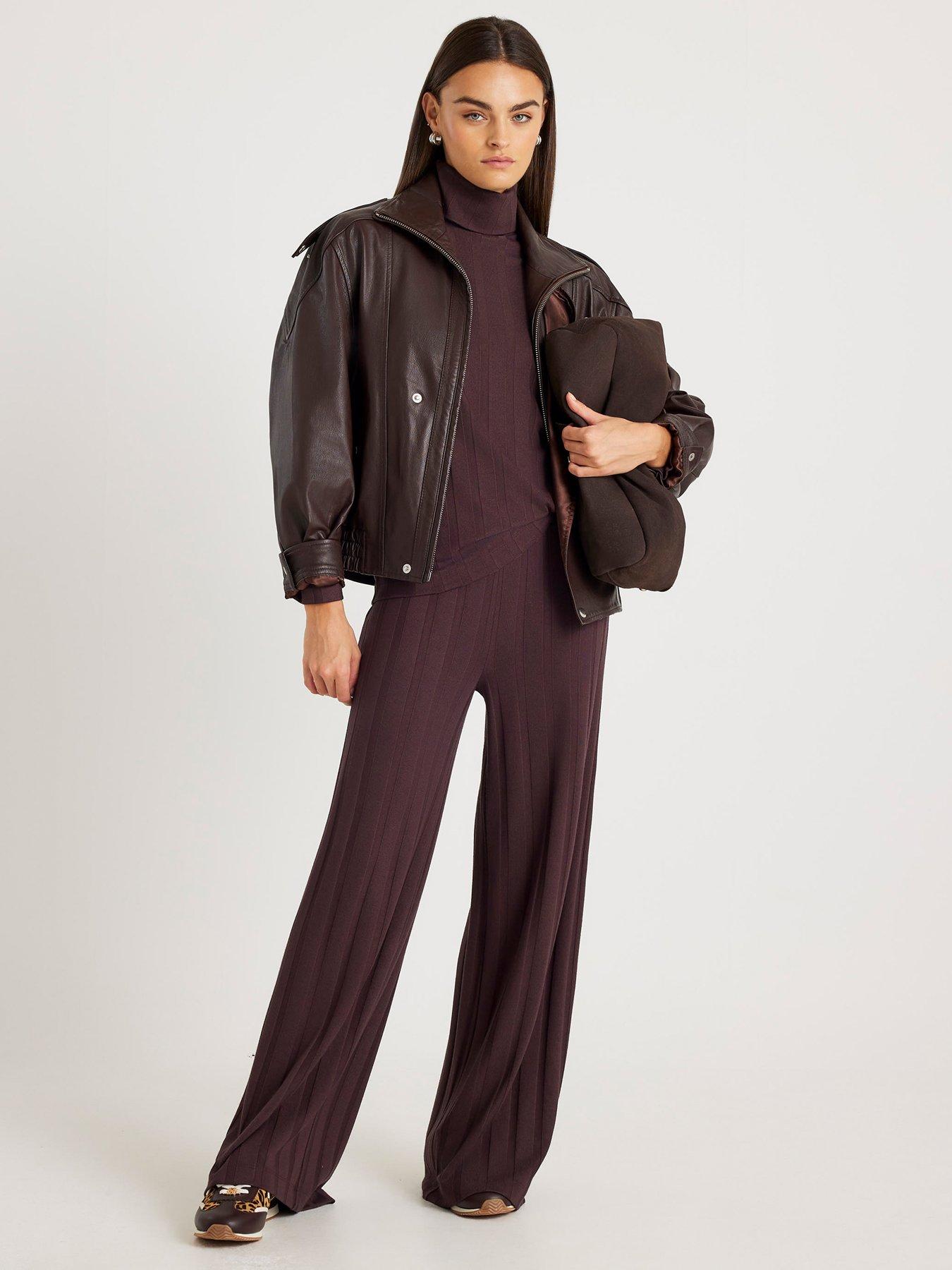  image of river-island-long-sleeve-wide-ribbed-top-brown