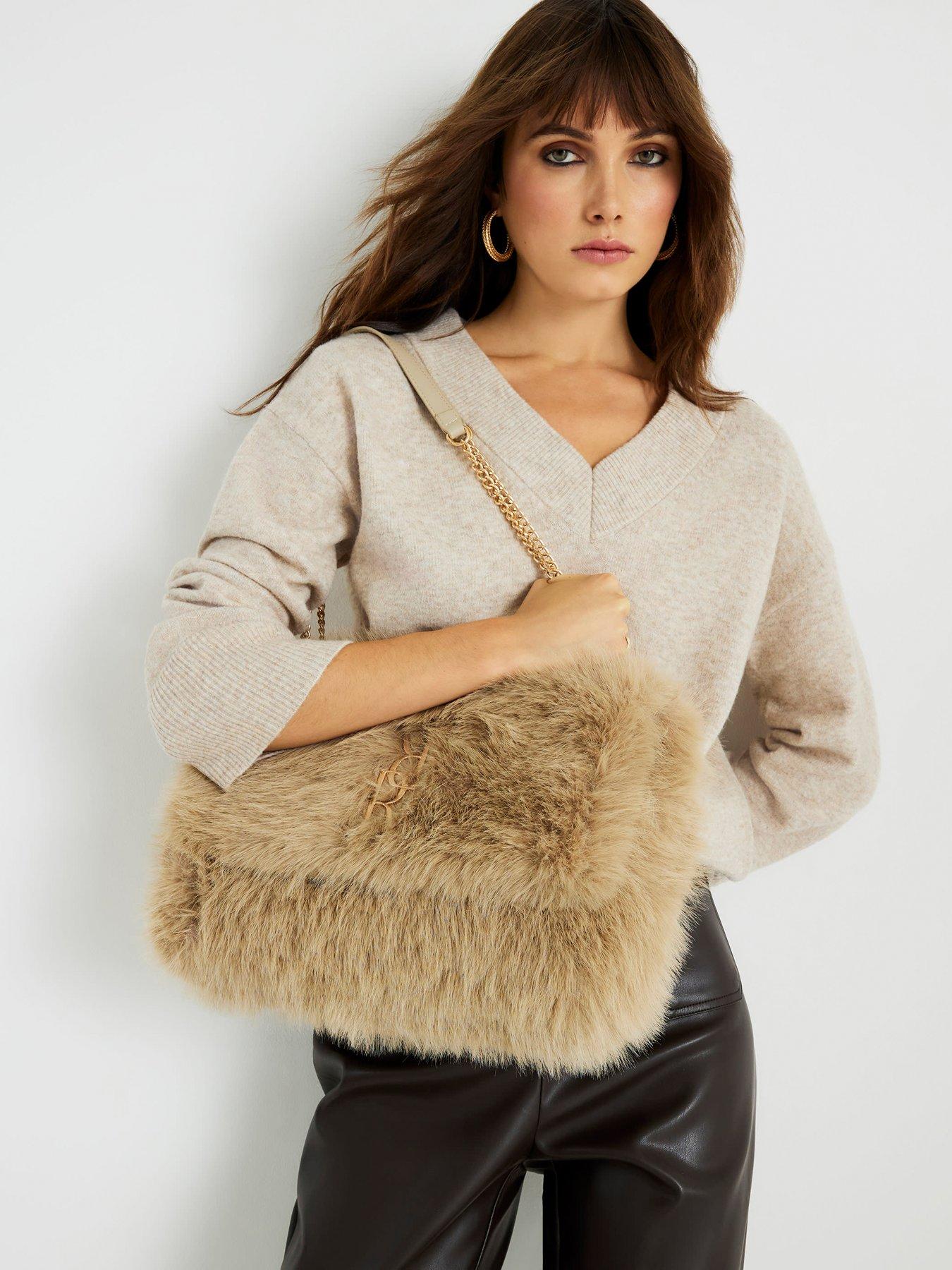 River Island Logo Faux Fur Shoulder Bag - Brown