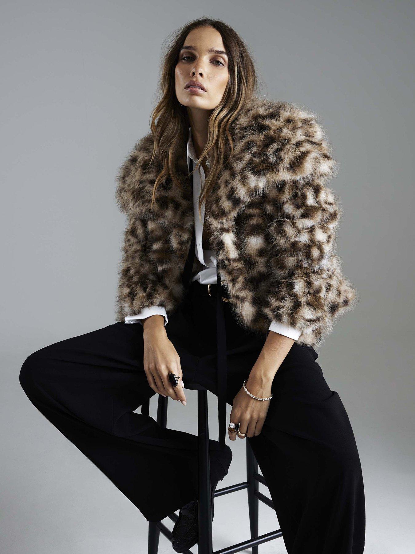 River Island Leopard Print Faux Fur Jacket - Brown