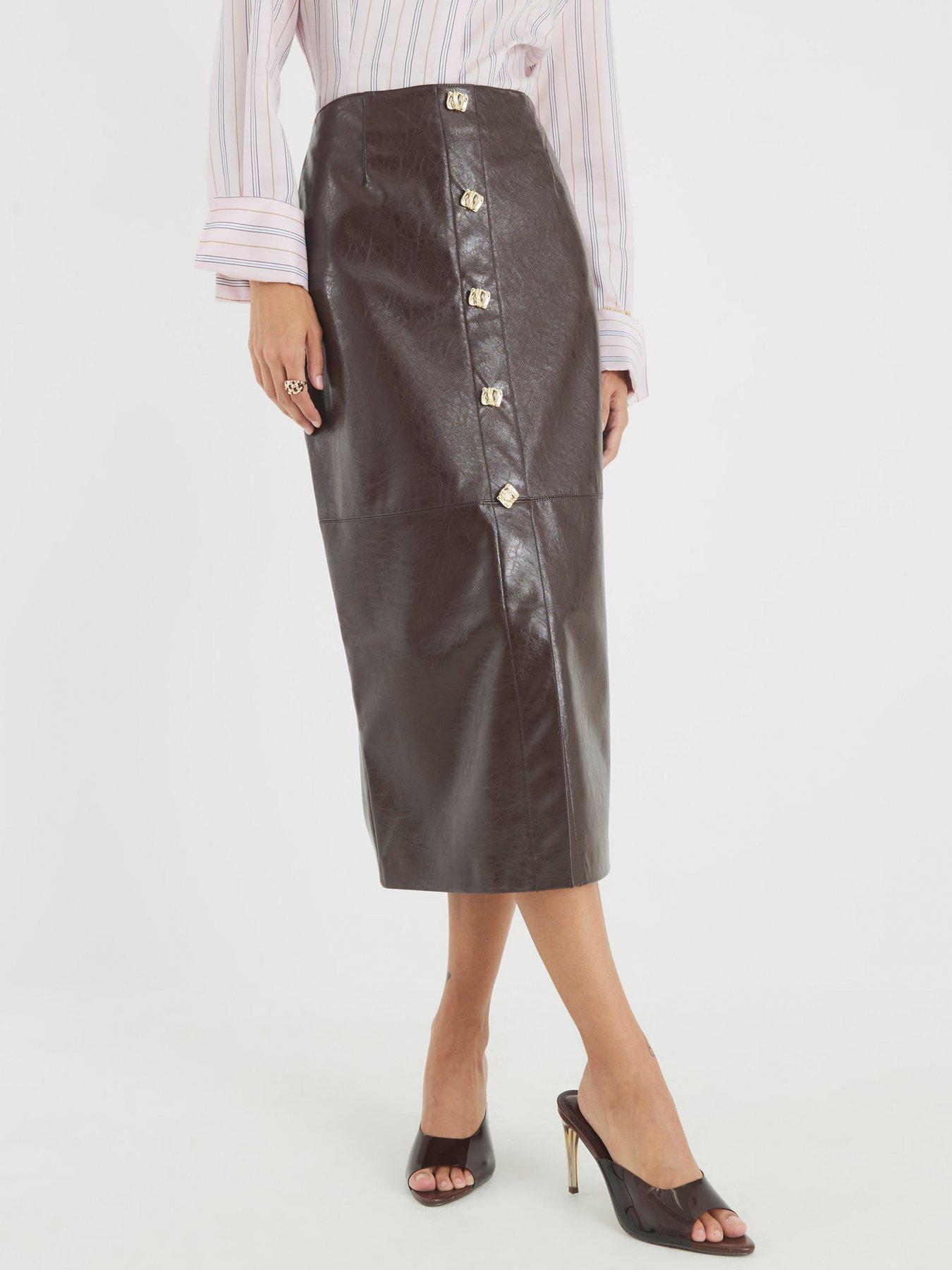 River Island Faux Leather Square Button Midi Skirt - Brown