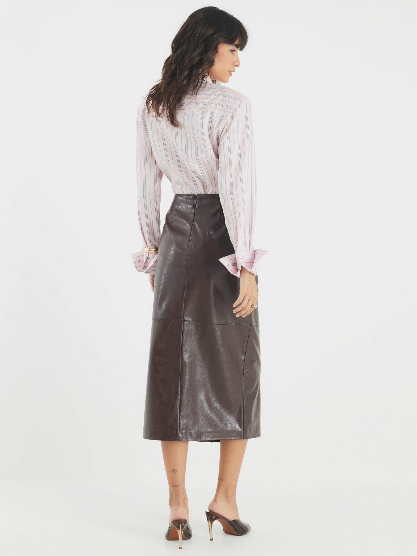  image of river-island-faux-leather-square-button-midi-skirt-brown