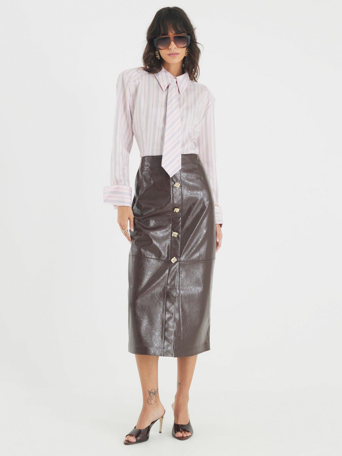  image of river-island-faux-leather-square-button-midi-skirt-brown