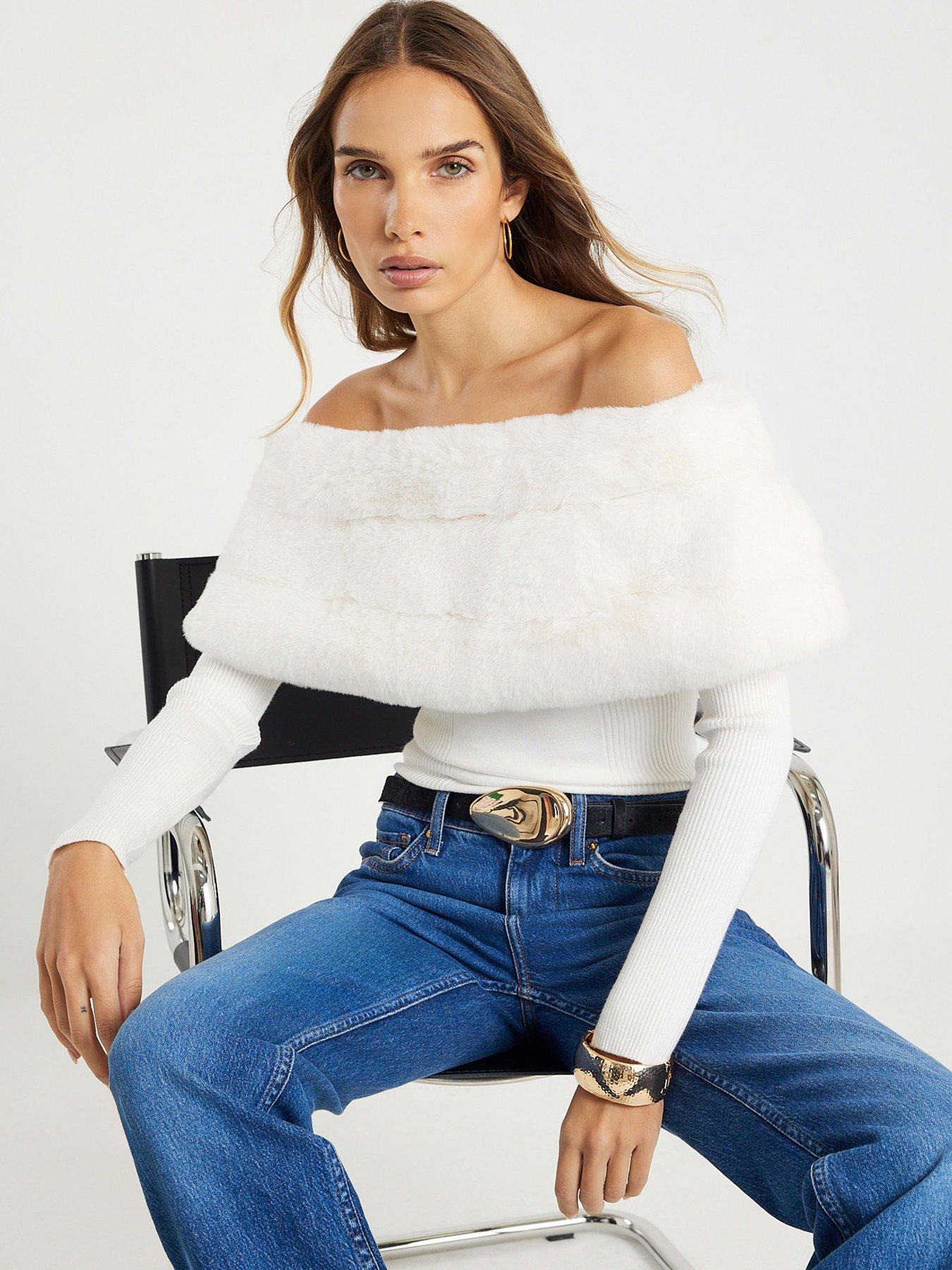 front image of river-island-faux-fur-trim-bardot-jumper-cream