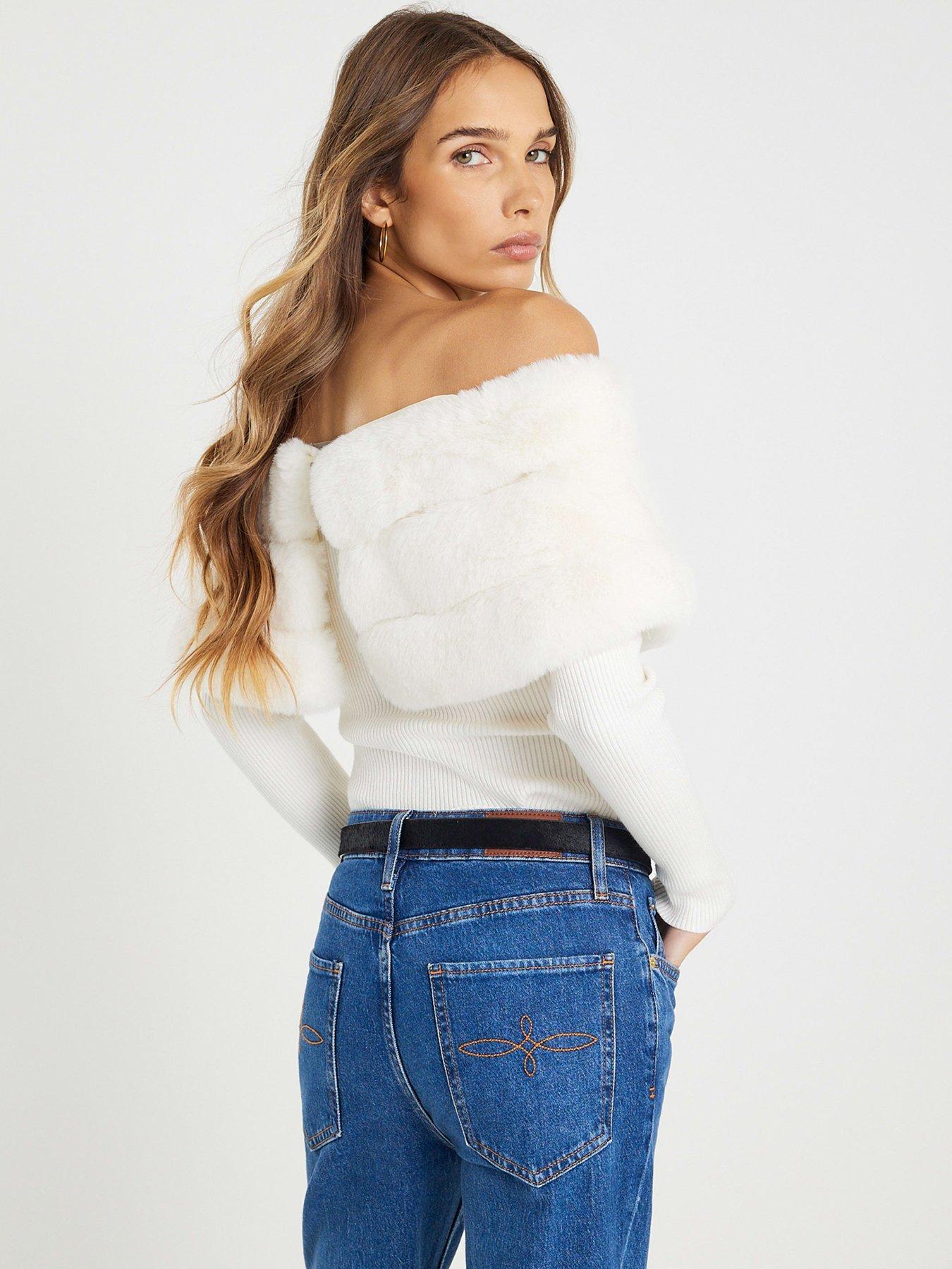  image of river-island-faux-fur-trim-bardot-jumper-cream
