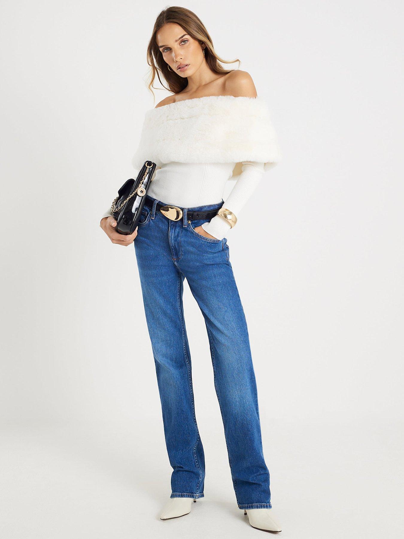  image of river-island-faux-fur-trim-bardot-jumper-cream
