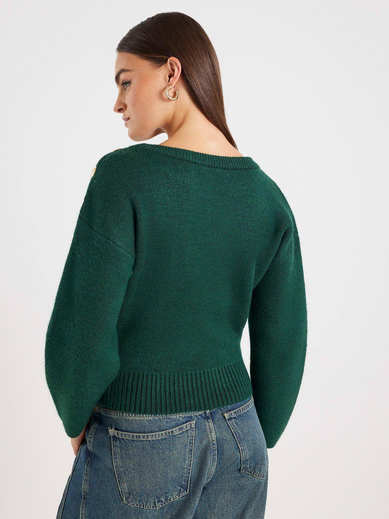  image of river-island-knitted-structured-sleeve-jumper-green
