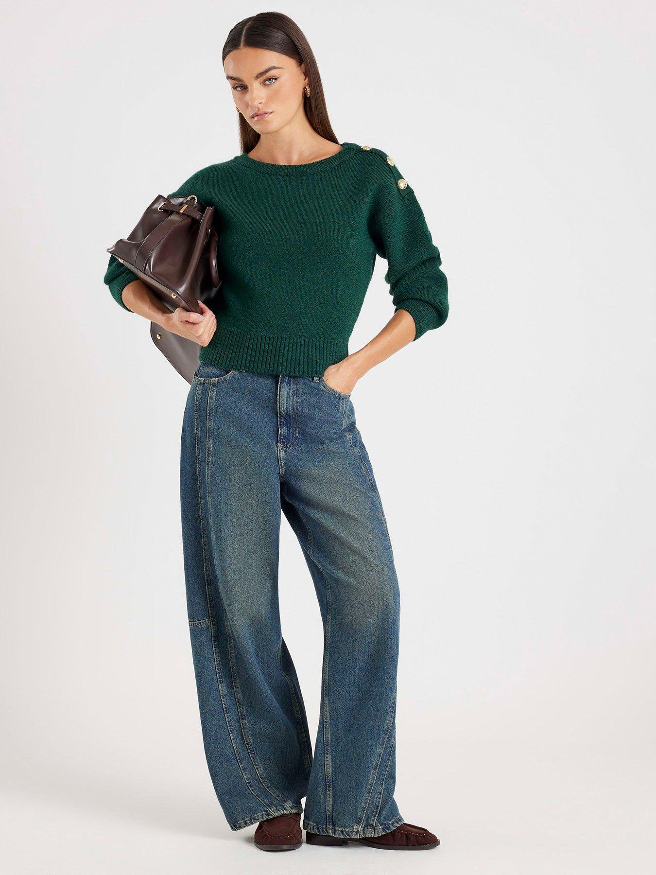  image of river-island-knitted-structured-sleeve-jumper-green