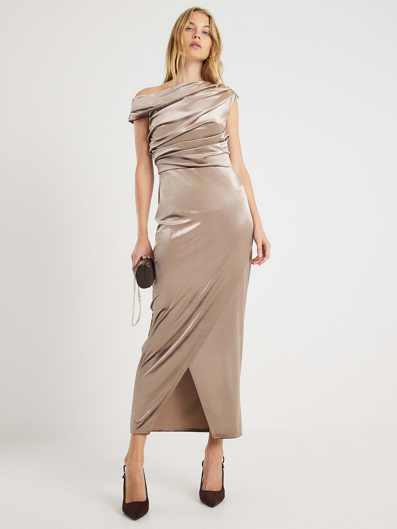  image of river-island-velvet-sleeveless-drape-midi-dress-brown