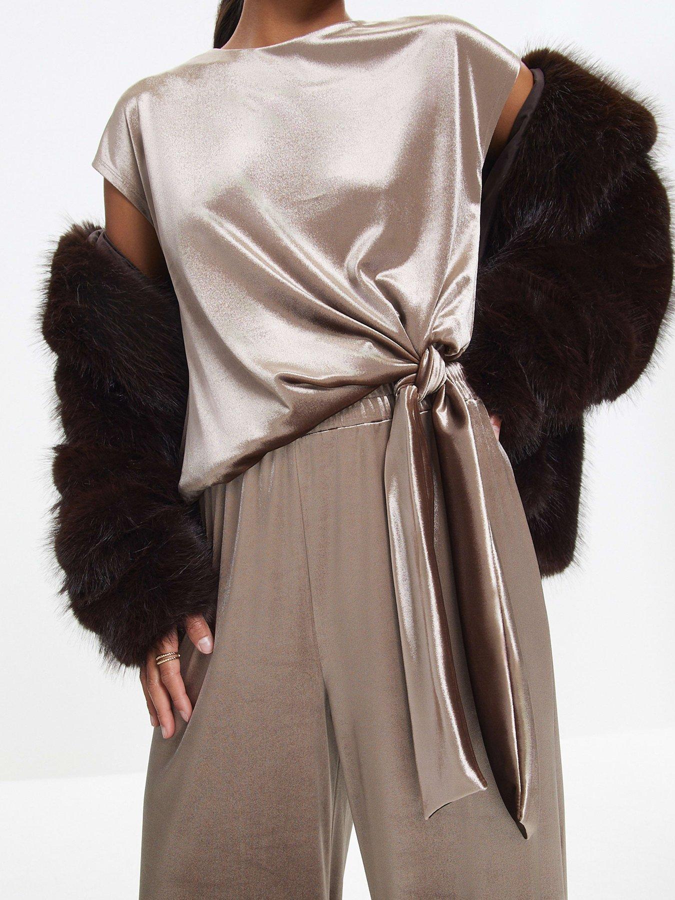  image of river-island-velvet-tie-side-top-brown