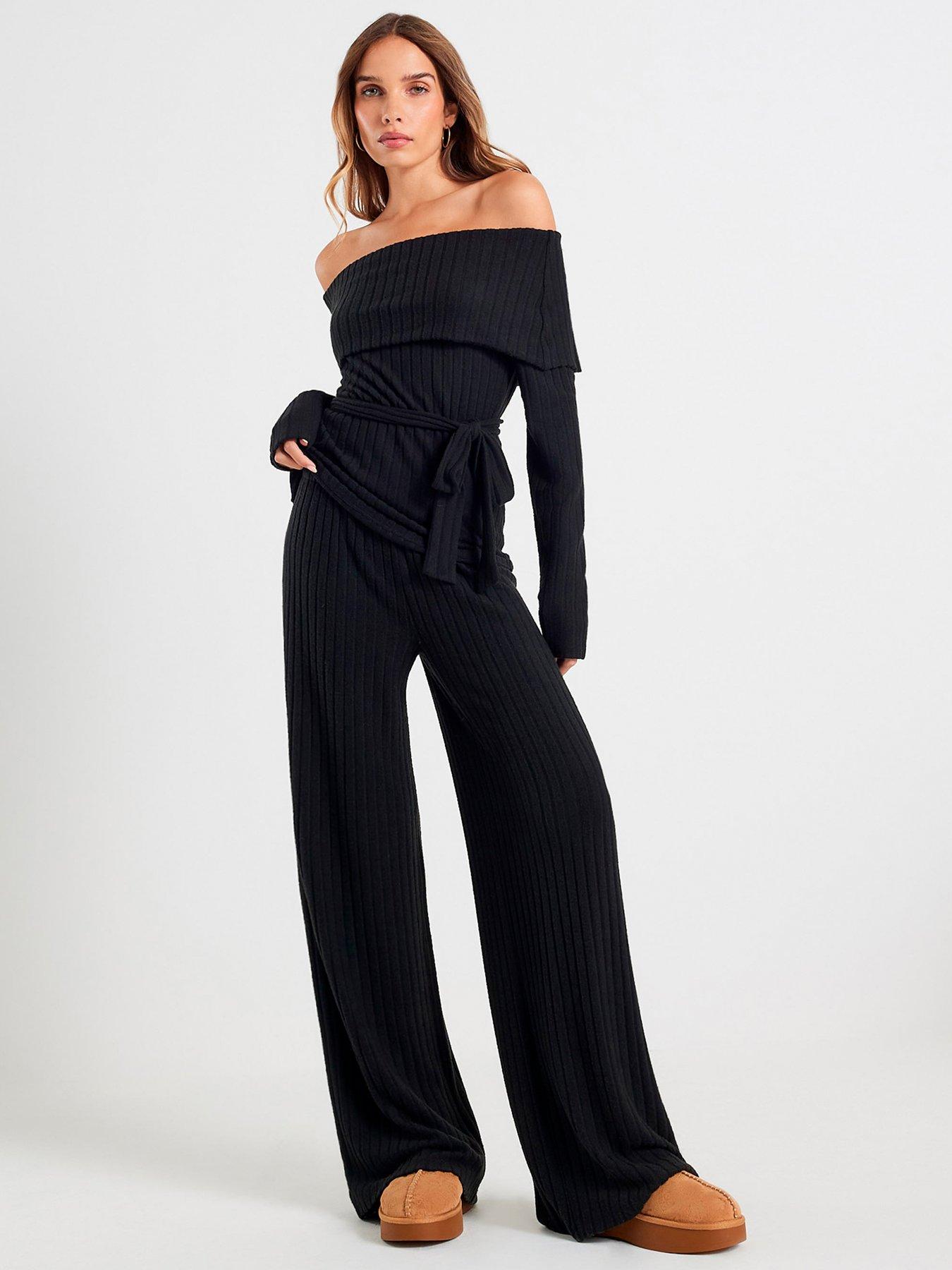 River Island Long Sleeve Bardot Loungewear Set - Black