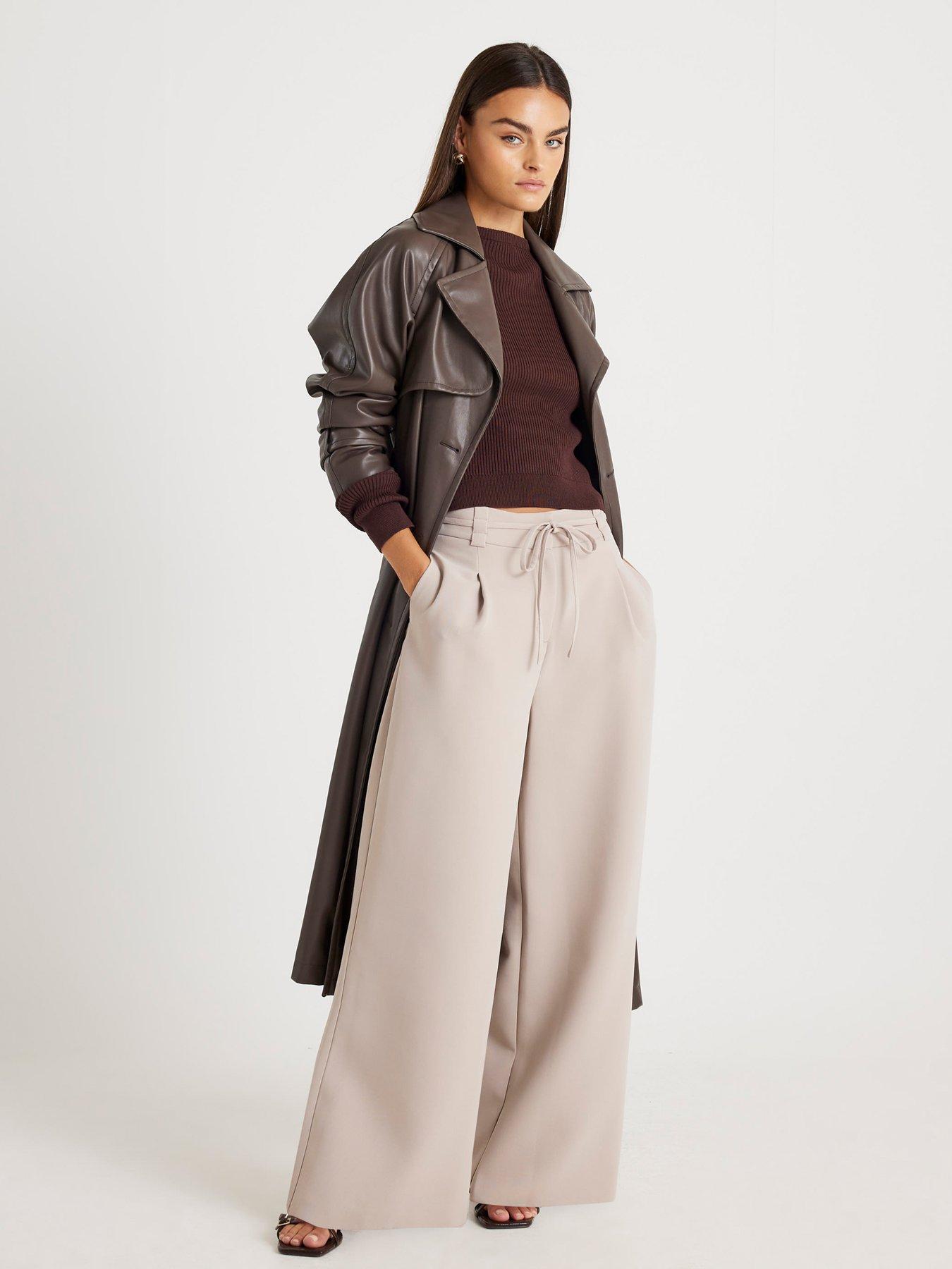  image of river-island-tie-waist-wide-leg-trousers-beige