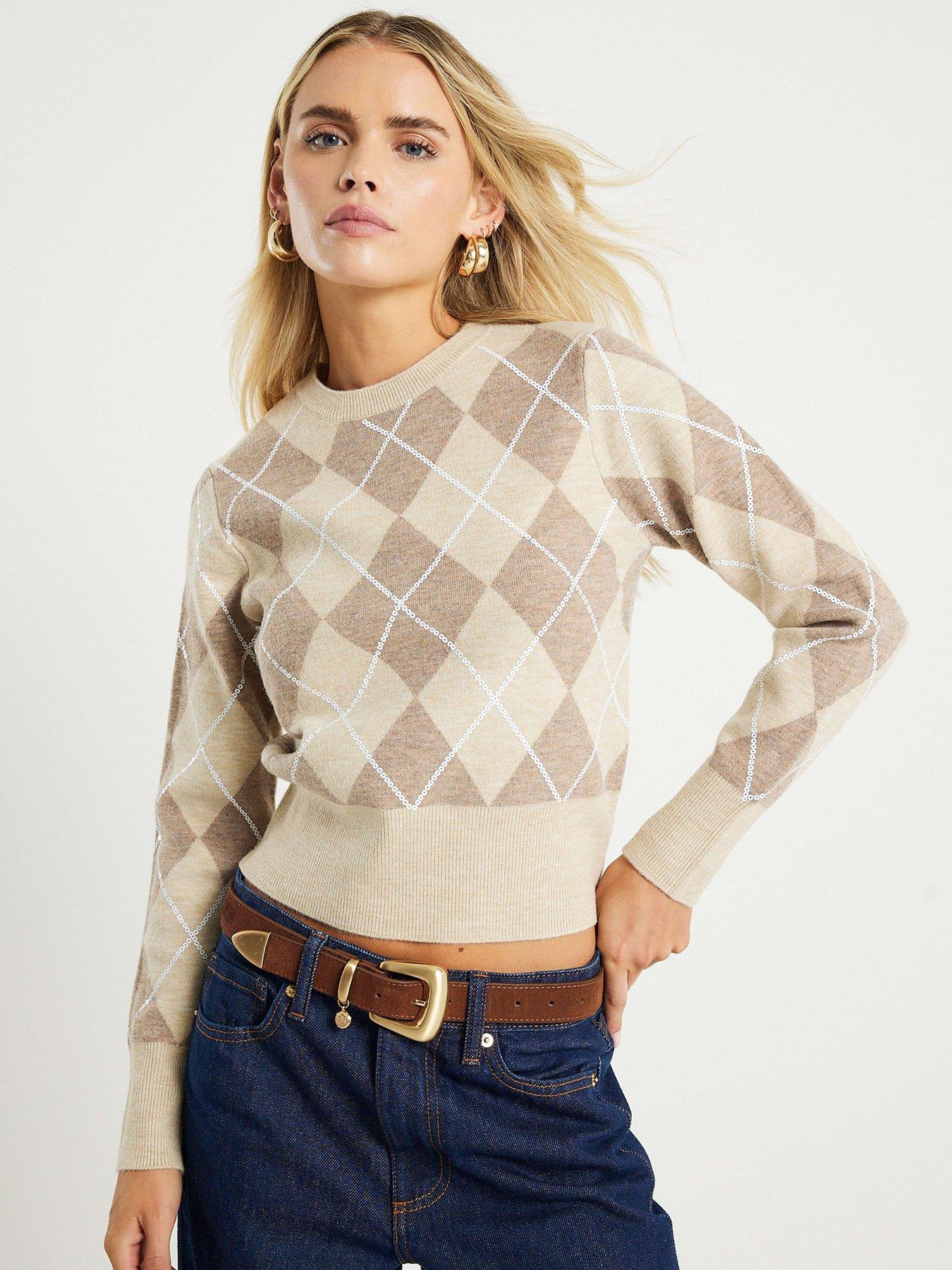  image of river-island-petite-knitted-long-sleeve-argyle-top-beige