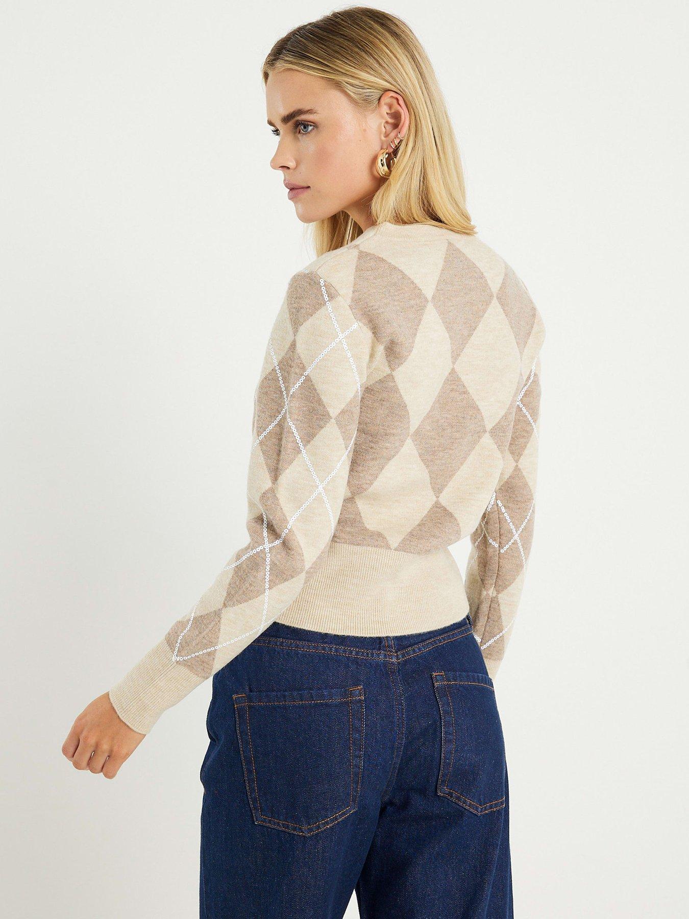  image of river-island-petite-knitted-long-sleeve-argyle-top-beige
