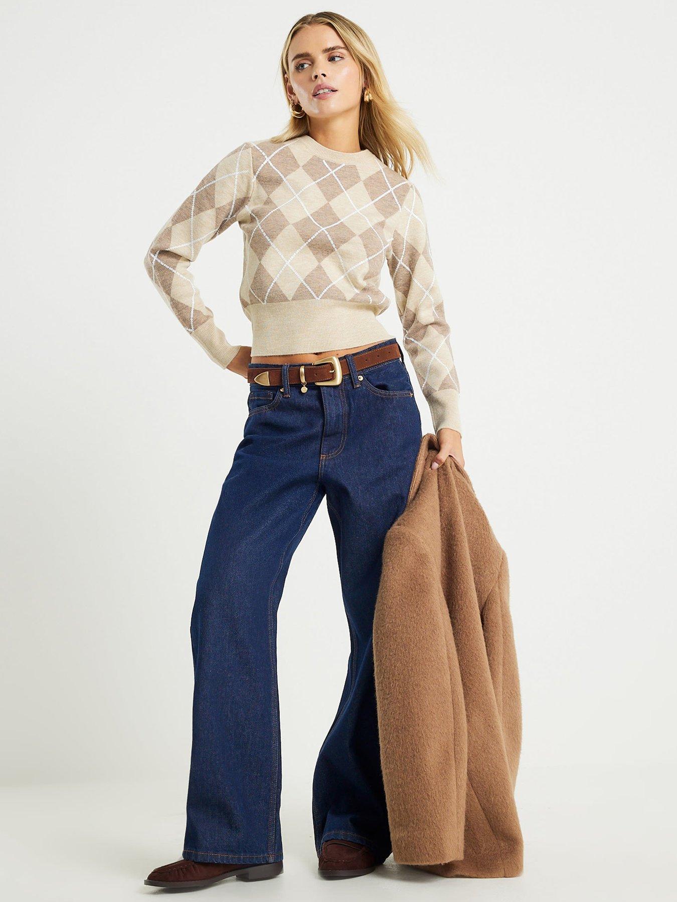  image of river-island-petite-knitted-long-sleeve-argyle-top-beige