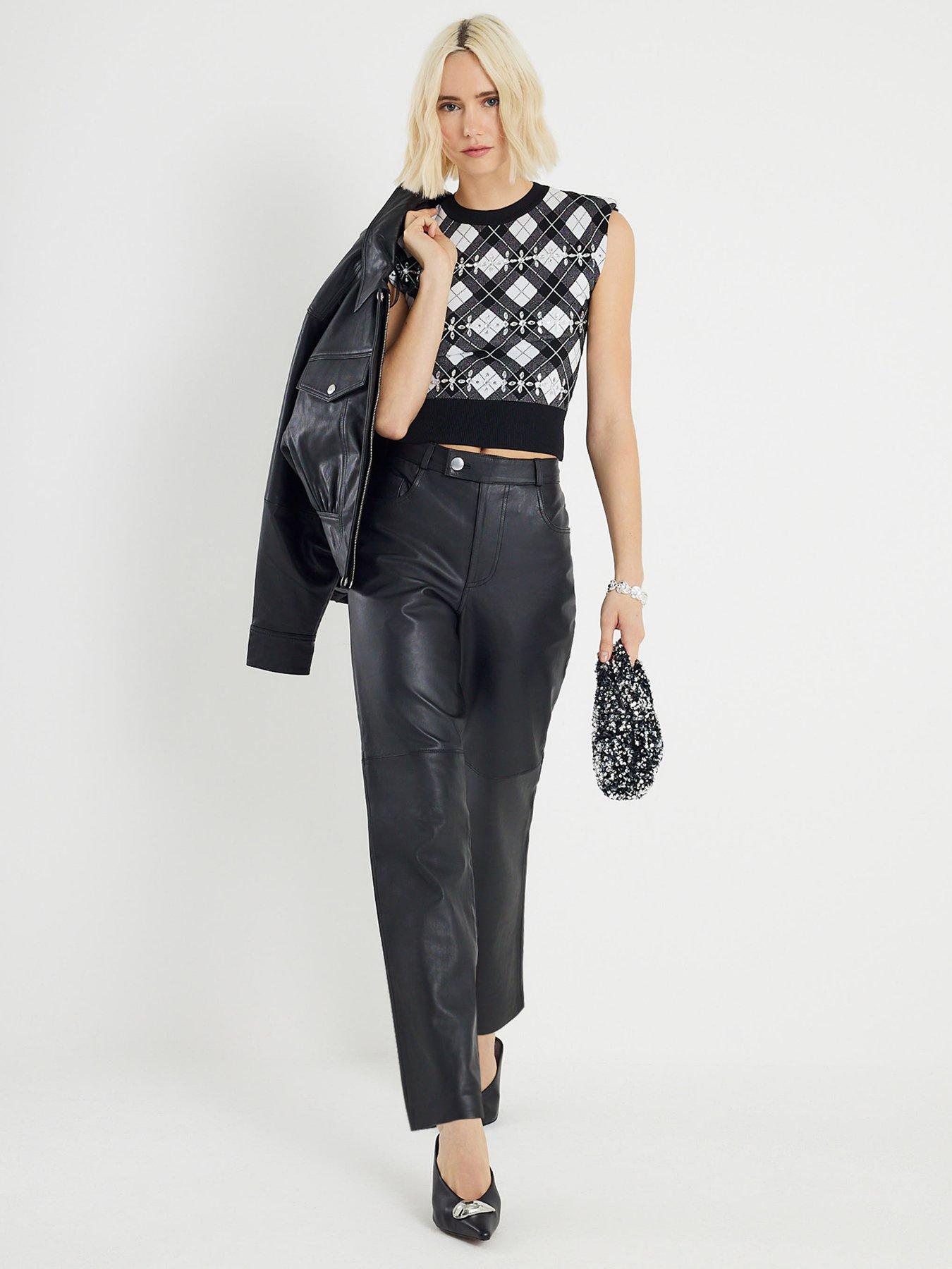  image of river-island-check-shoulder-pad-embellished-top-black