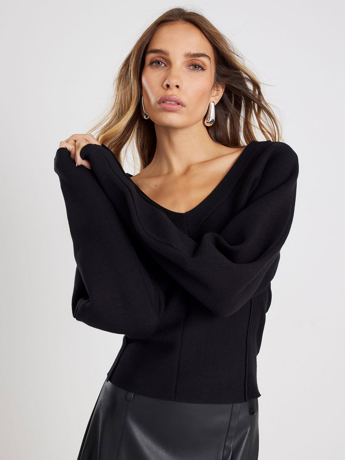  image of river-island-knitted-structured-long-sleeve-top-black