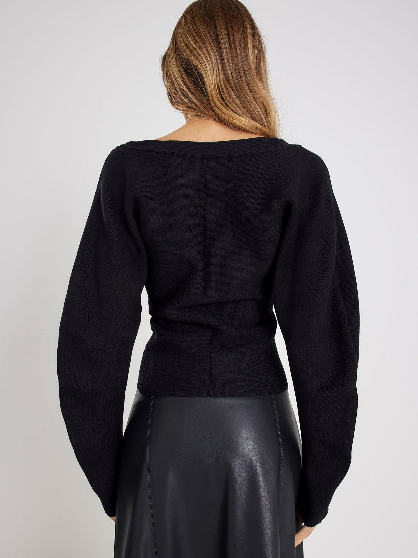 stillFront image of river-island-knitted-structured-long-sleeve-top-black