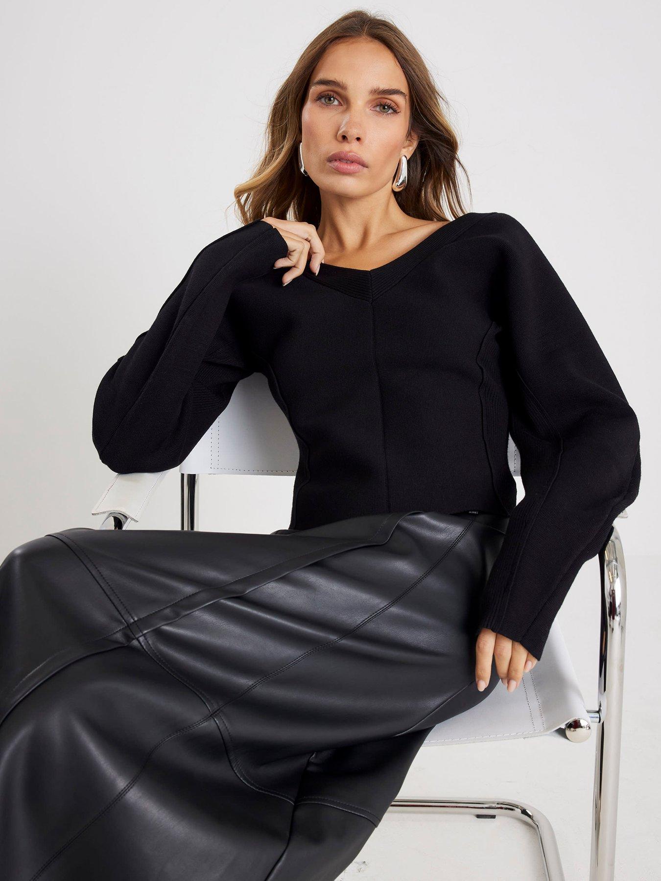  image of river-island-knitted-structured-long-sleeve-top-black