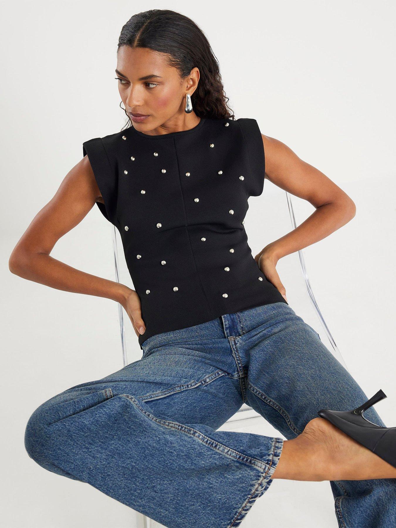 Image 1 of 4 of River Island Knit Sleeveless Studded Fitted Top - Black