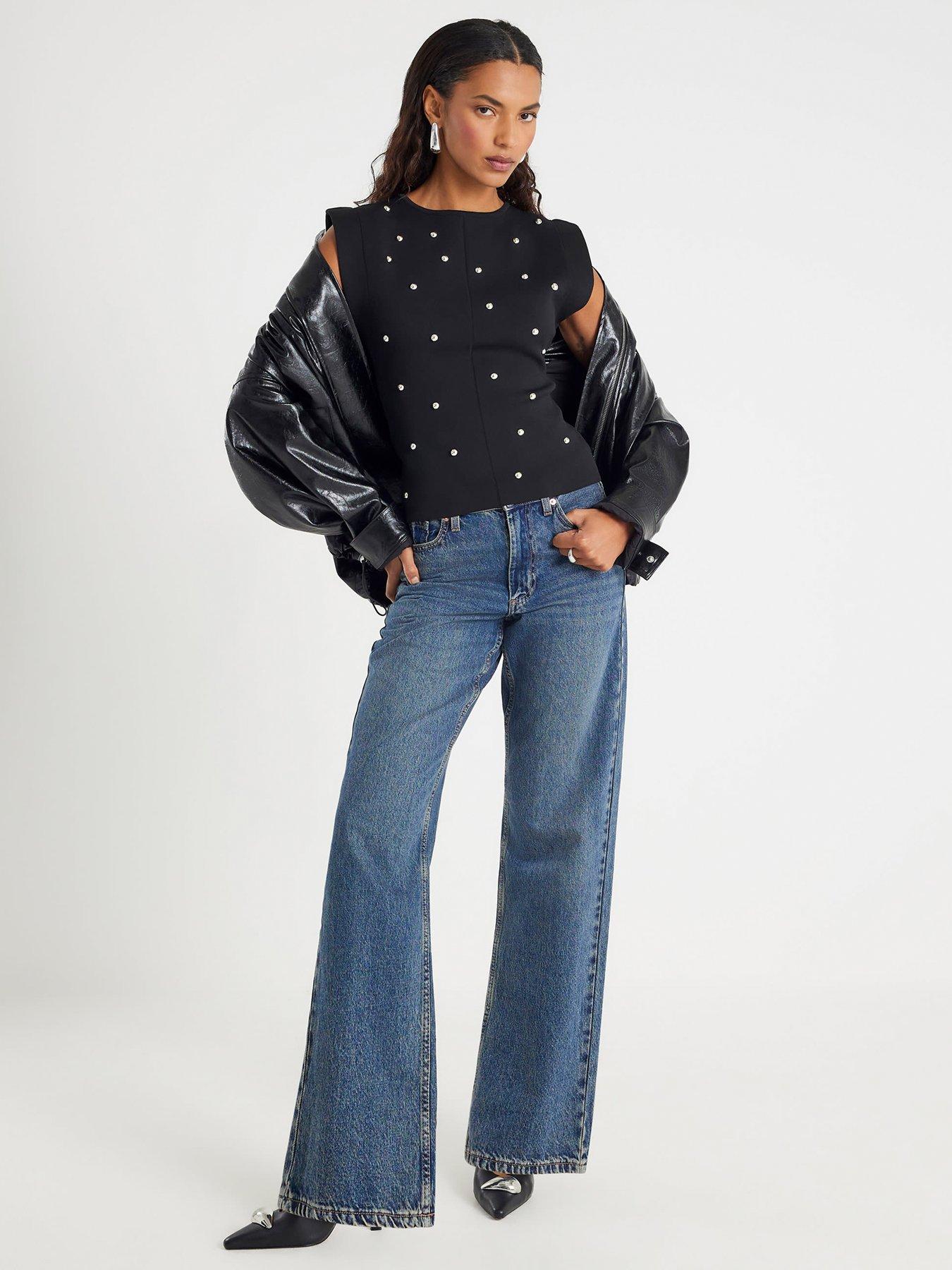 Image 3 of 4 of River Island Knit Sleeveless Studded Fitted Top - Black