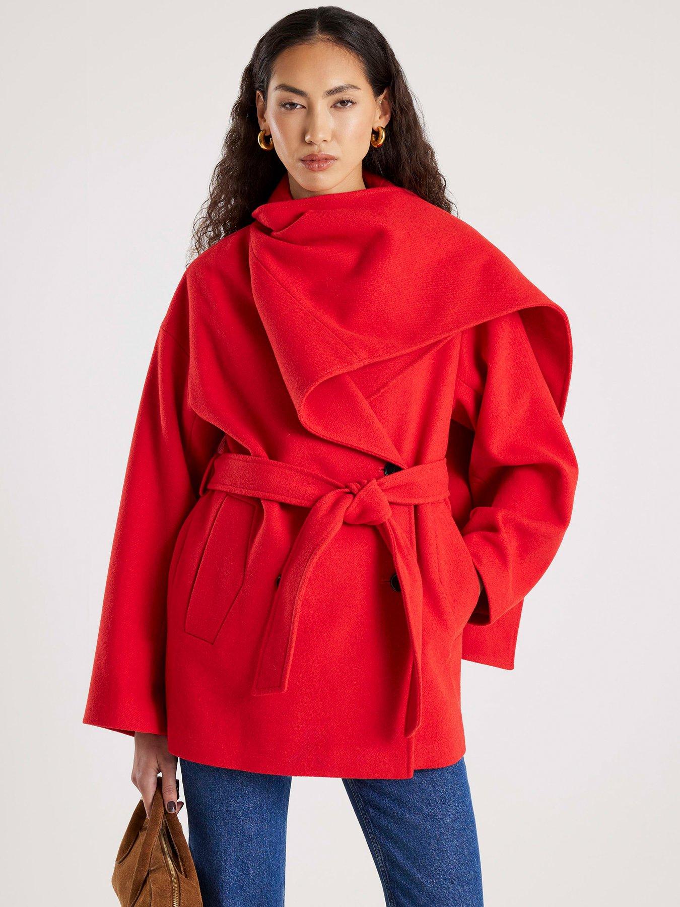 Image 1 of 4 of River Island Wool Blend Mid Length Scarf Coat - Red