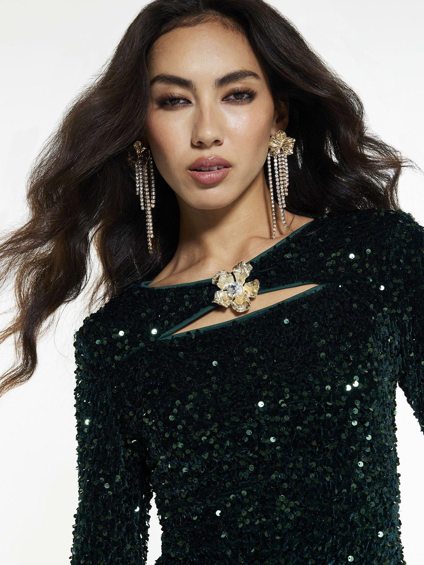 Image 4 of 4 of River Island Velvet Long Sleeve Cut Out Mini Dress - Green