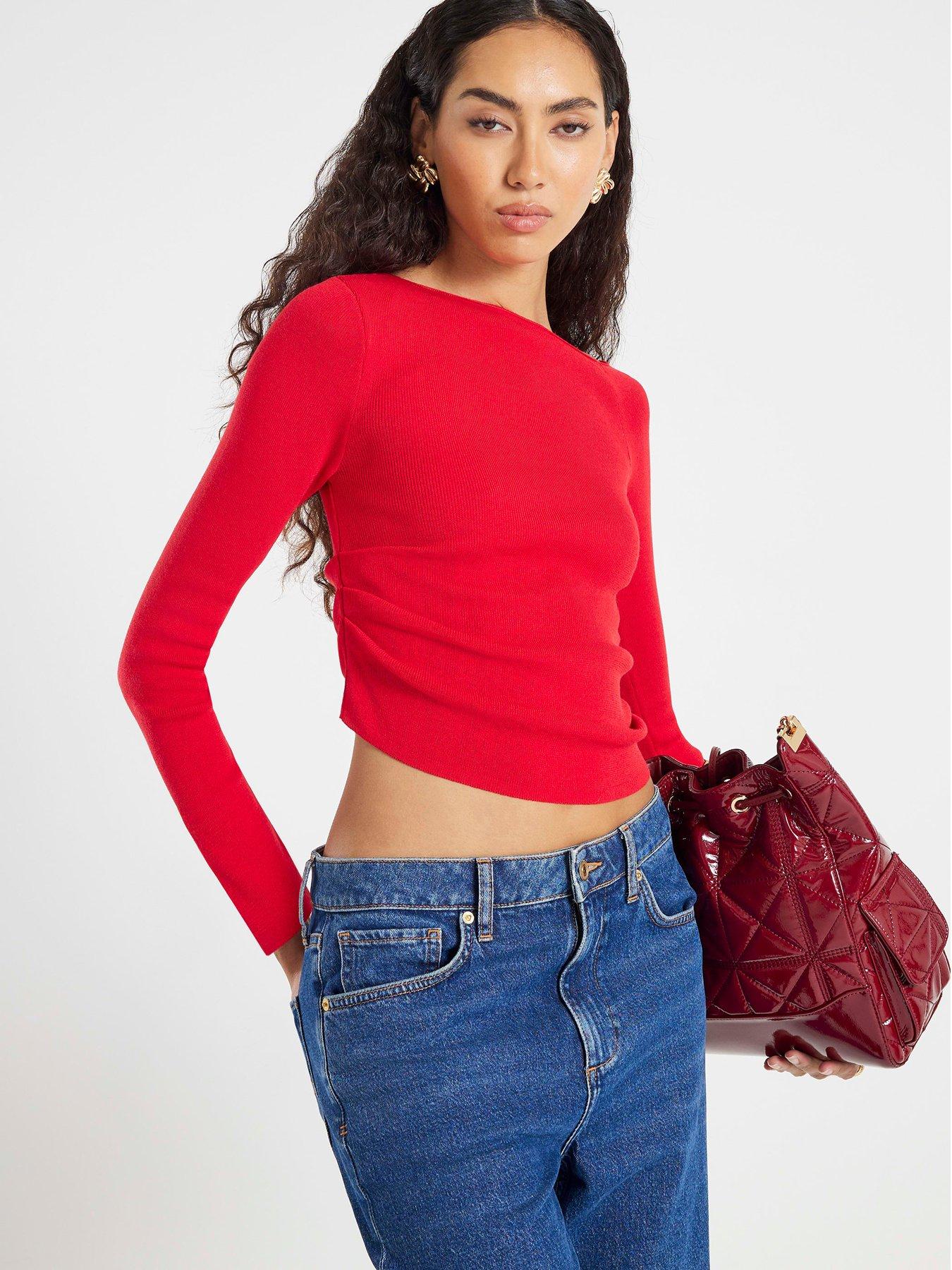 Image 1 of 4 of River Island Long Sleeve Fitted Off Shoulder Top - Red