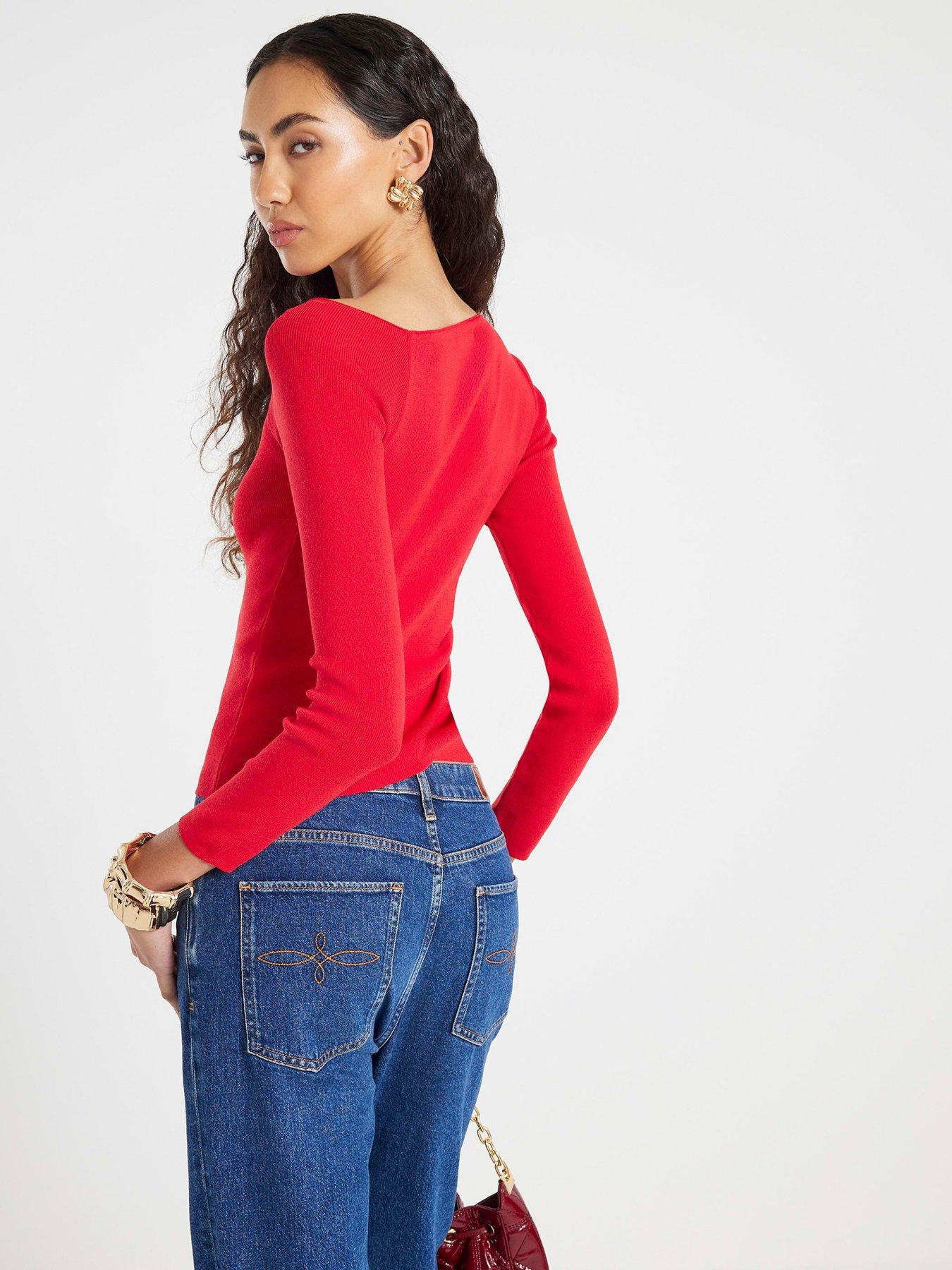 Image 2 of 4 of River Island Long Sleeve Fitted Off Shoulder Top - Red