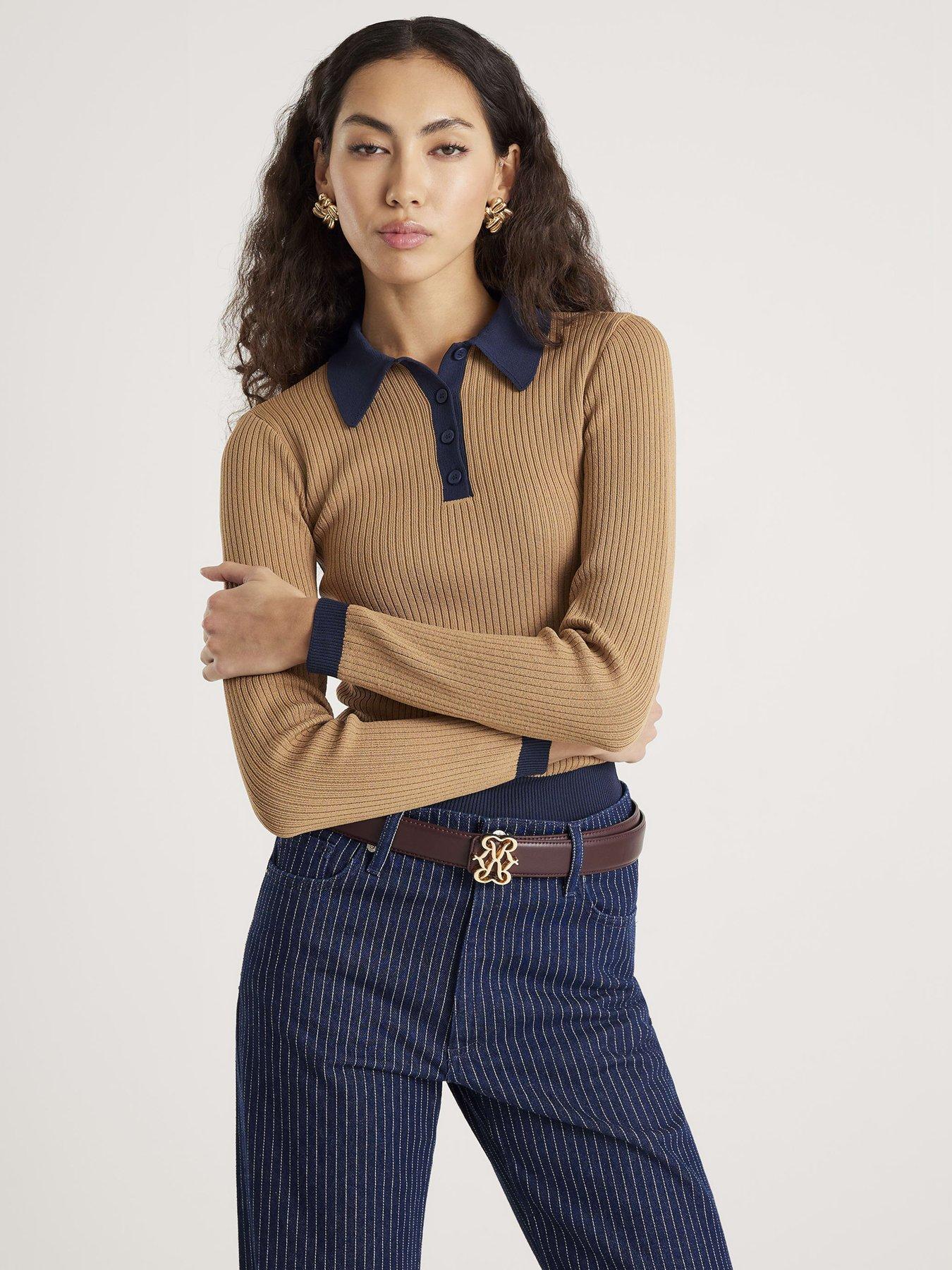  image of river-island-knit-long-sleeve-ribbed-polo-top-brown