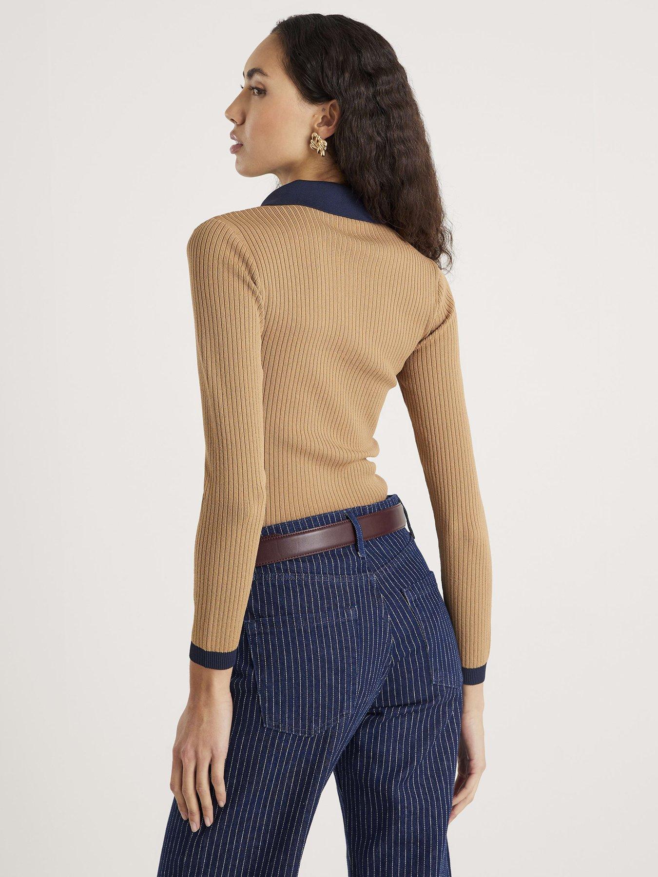  image of river-island-knit-long-sleeve-ribbed-polo-top-brown