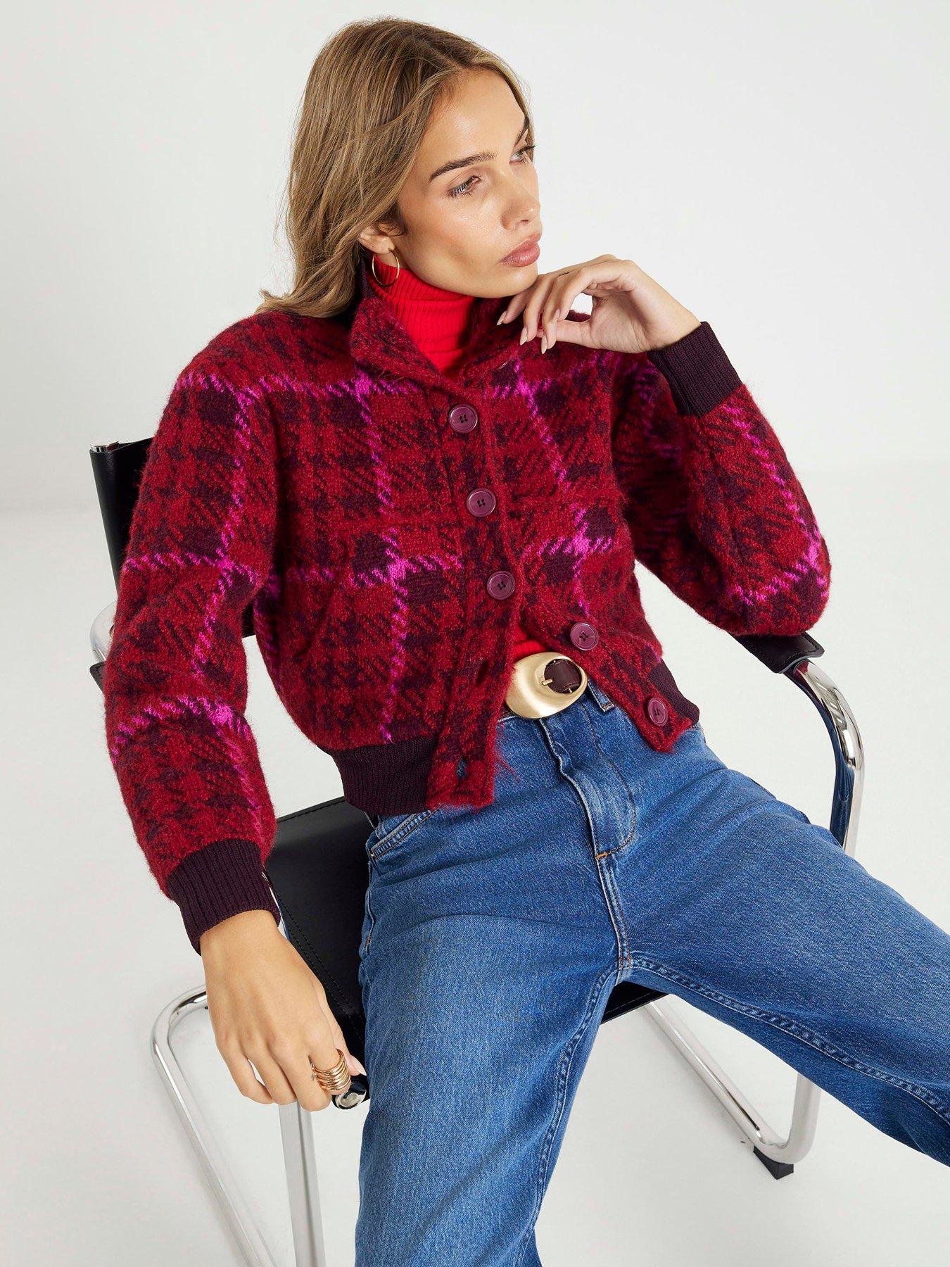  image of river-island-knitted-check-bomber-jacket-red