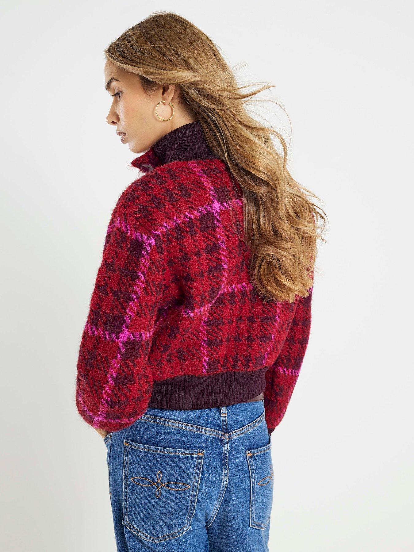  image of river-island-knitted-check-bomber-jacket-red