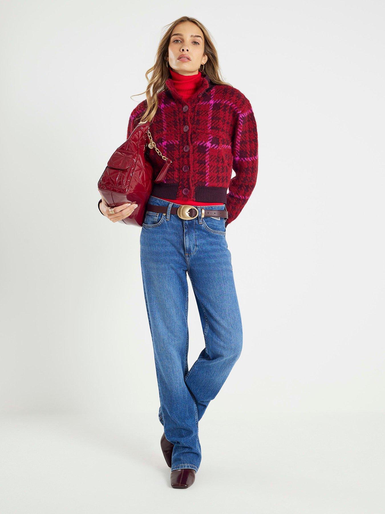  image of river-island-knitted-check-bomber-jacket-red