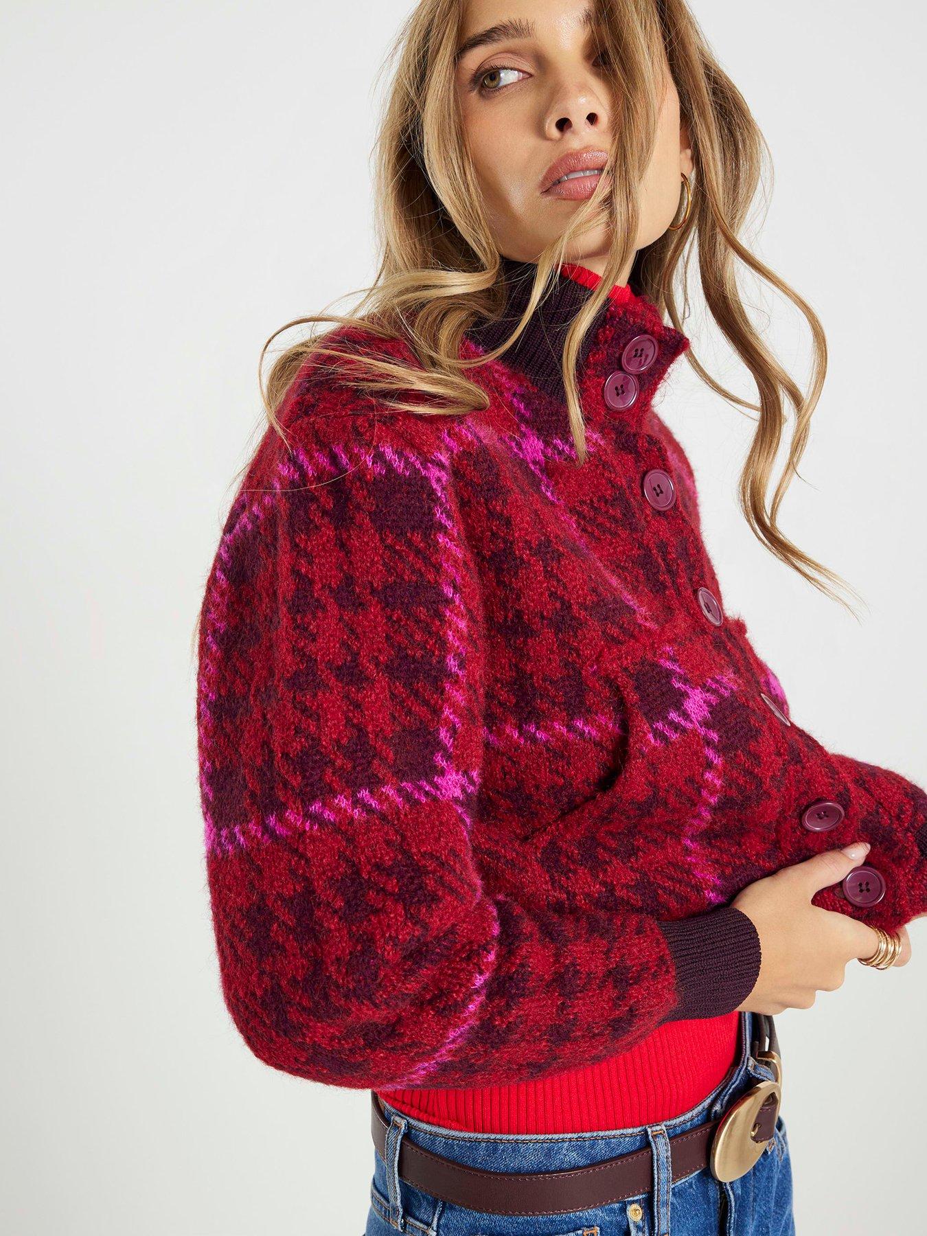  image of river-island-knitted-check-bomber-jacket-red