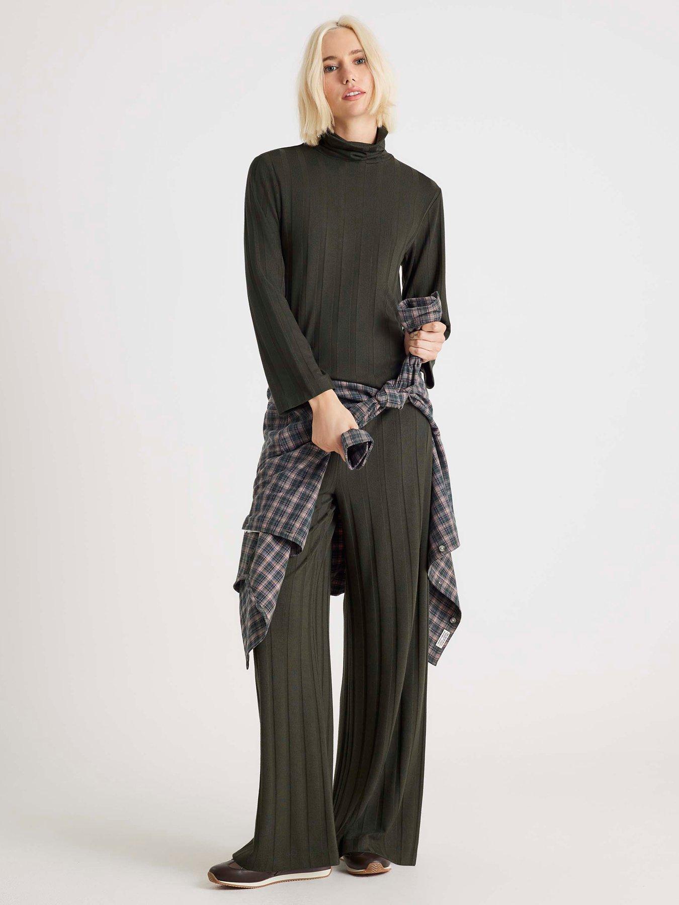 front image of river-island-cosy-wide-ribbed-trousers-green