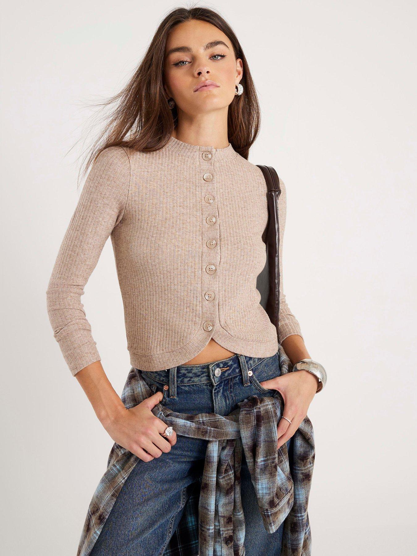front image of river-island-long-sleeve-curved-hem-top-beige