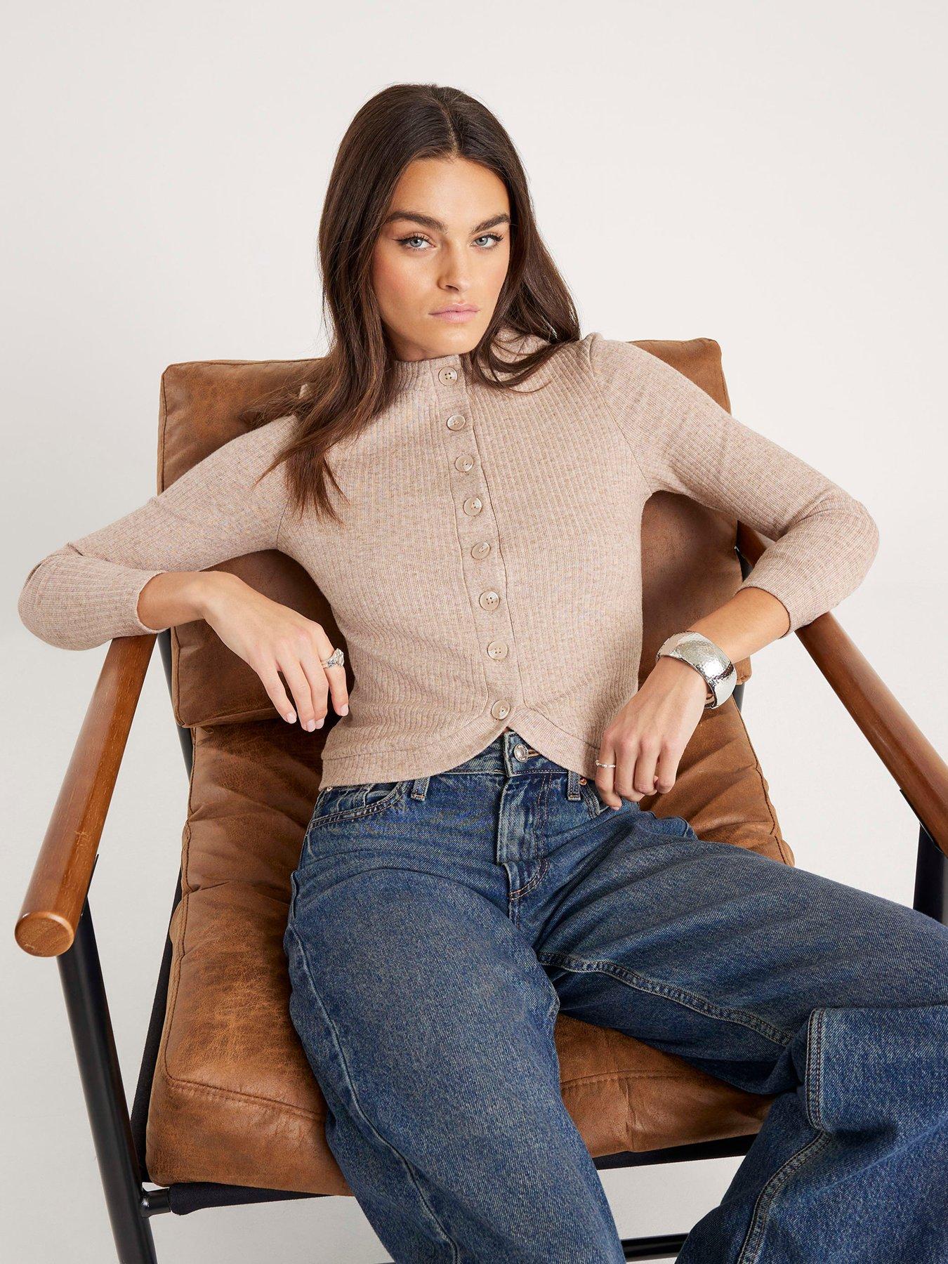  image of river-island-long-sleeve-curved-hem-top-beige