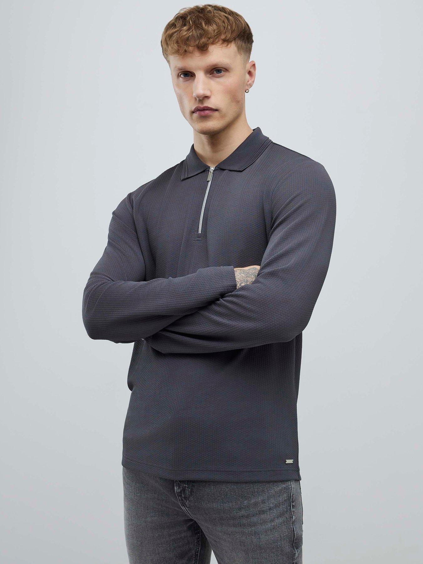 River Island Slim Fit Textured Polo Shirt - Dark Grey