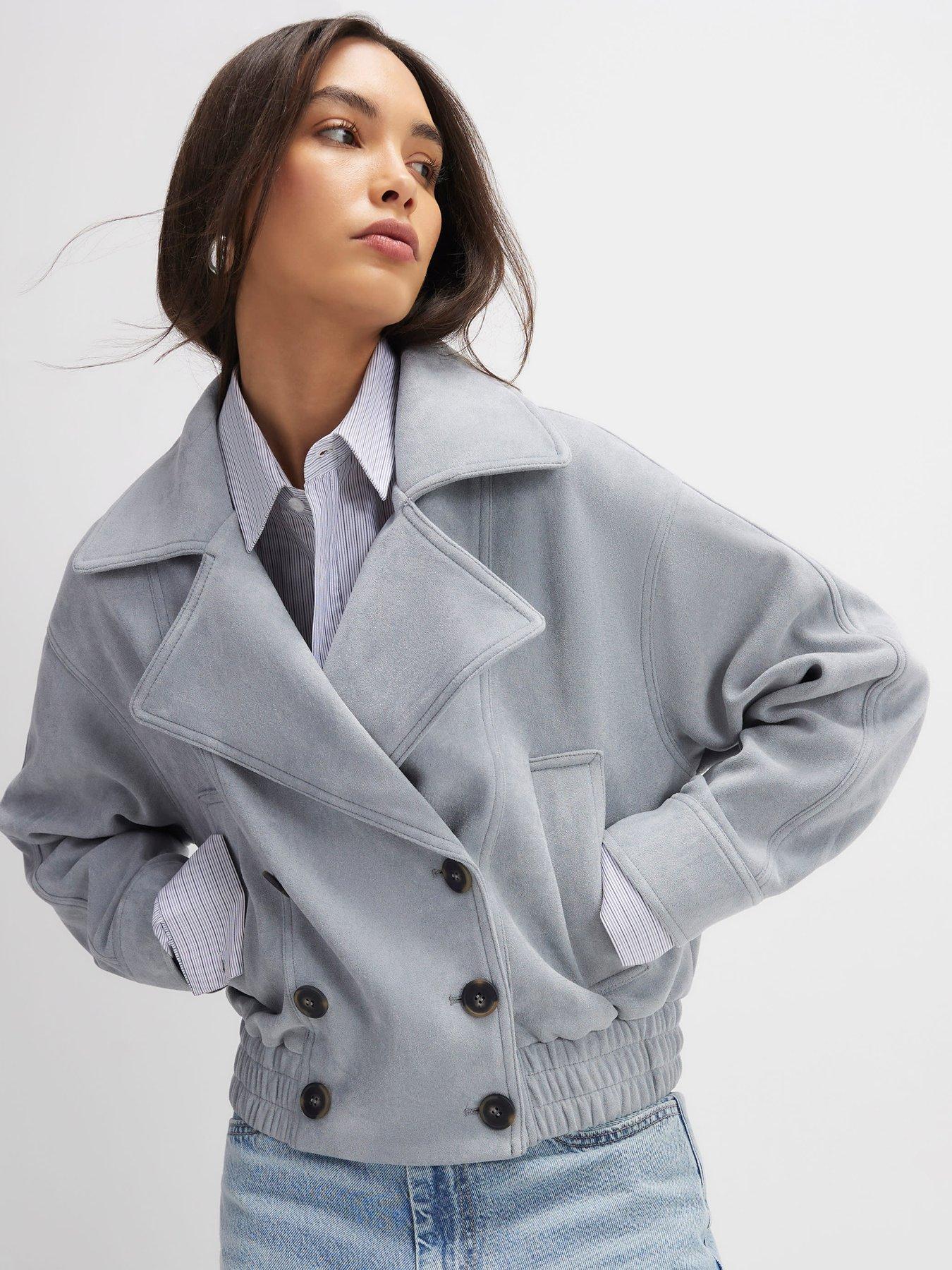 River Island Faux Suede Collared Bomber Jacket - Light Blue