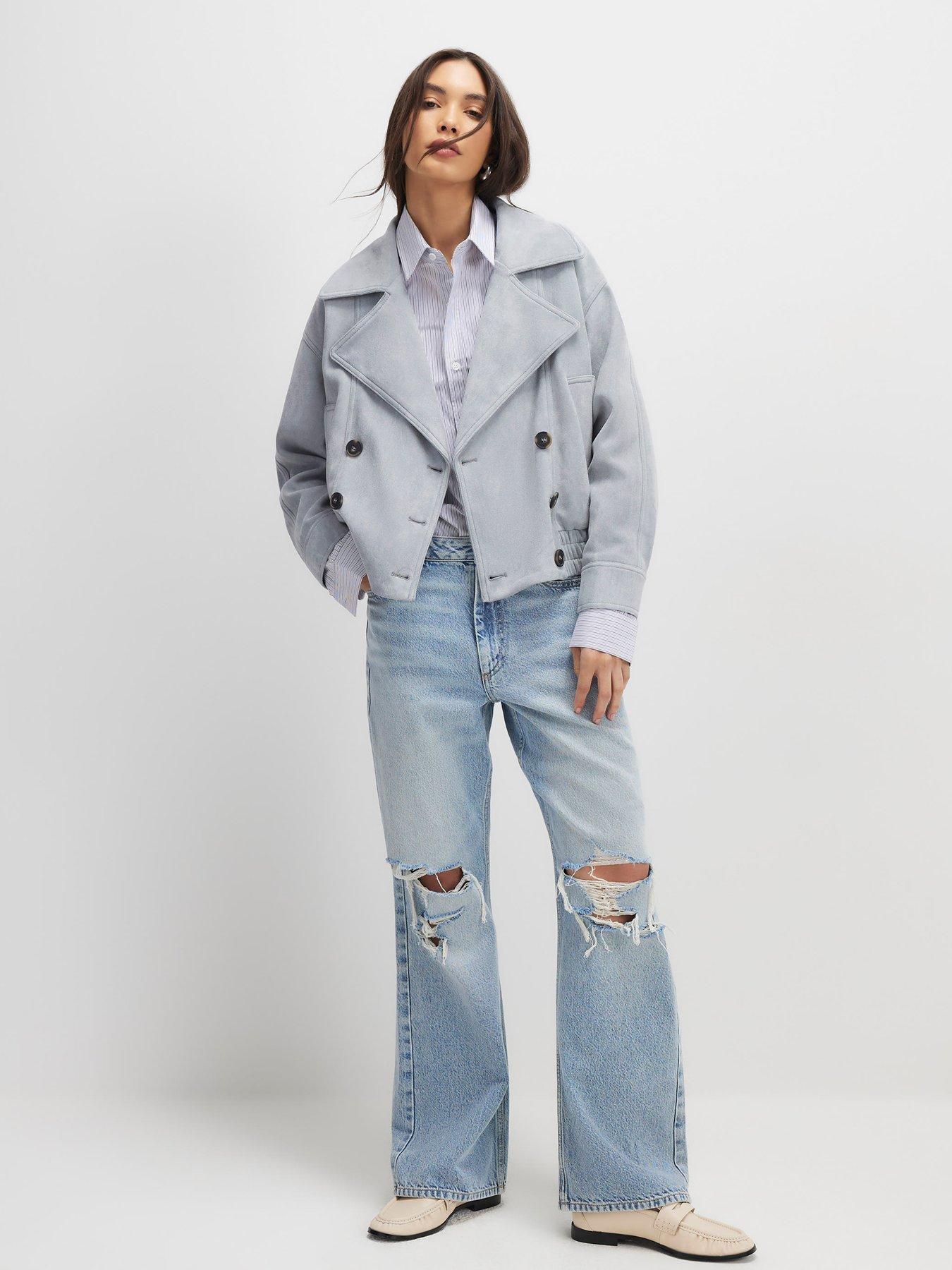 Image 3 of 4 of River Island Faux Suede Collared Bomber Jacket - Light Blue