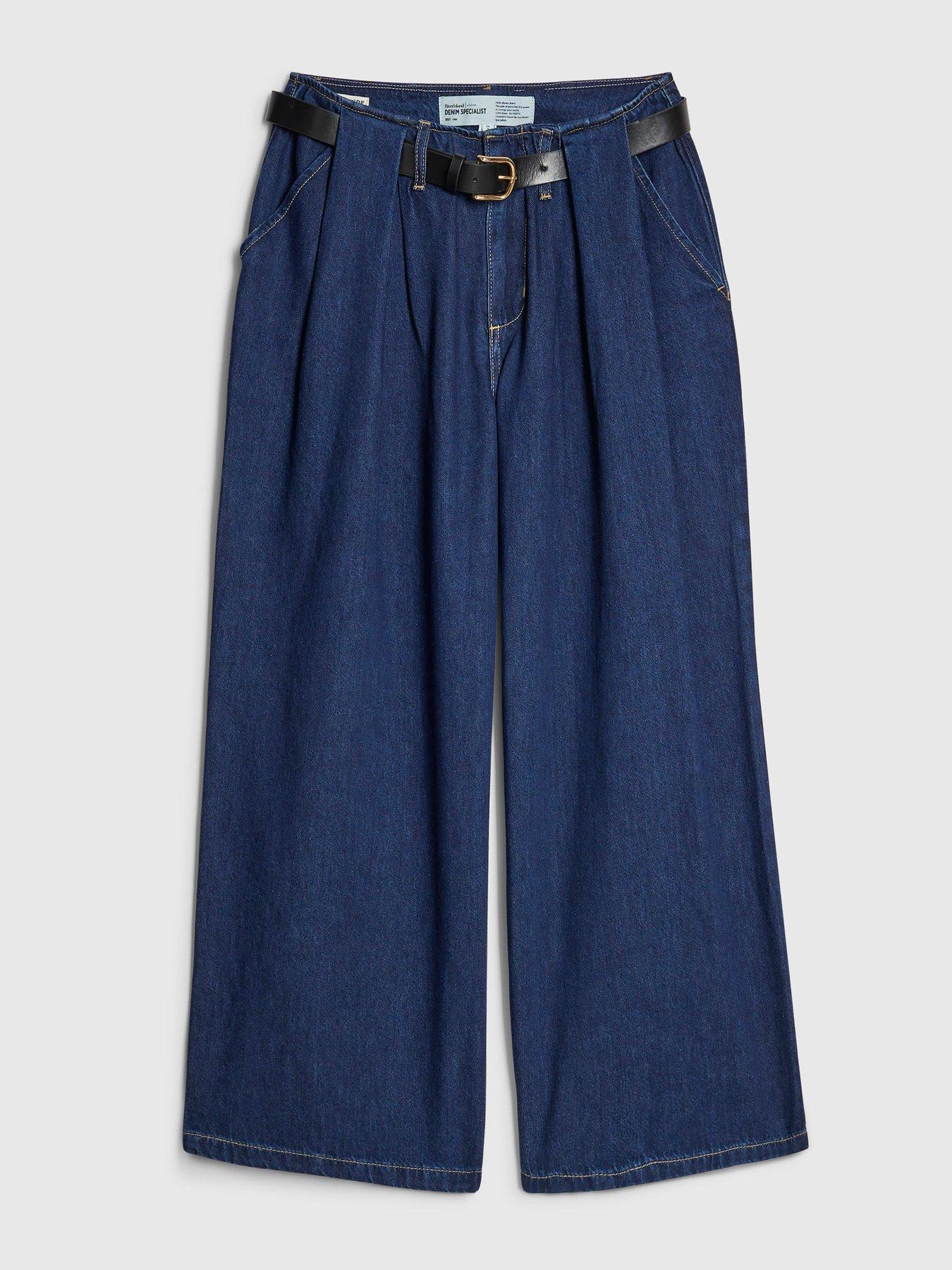 River Island Petite Belted Pleated Wide Leg Jeans - Blue