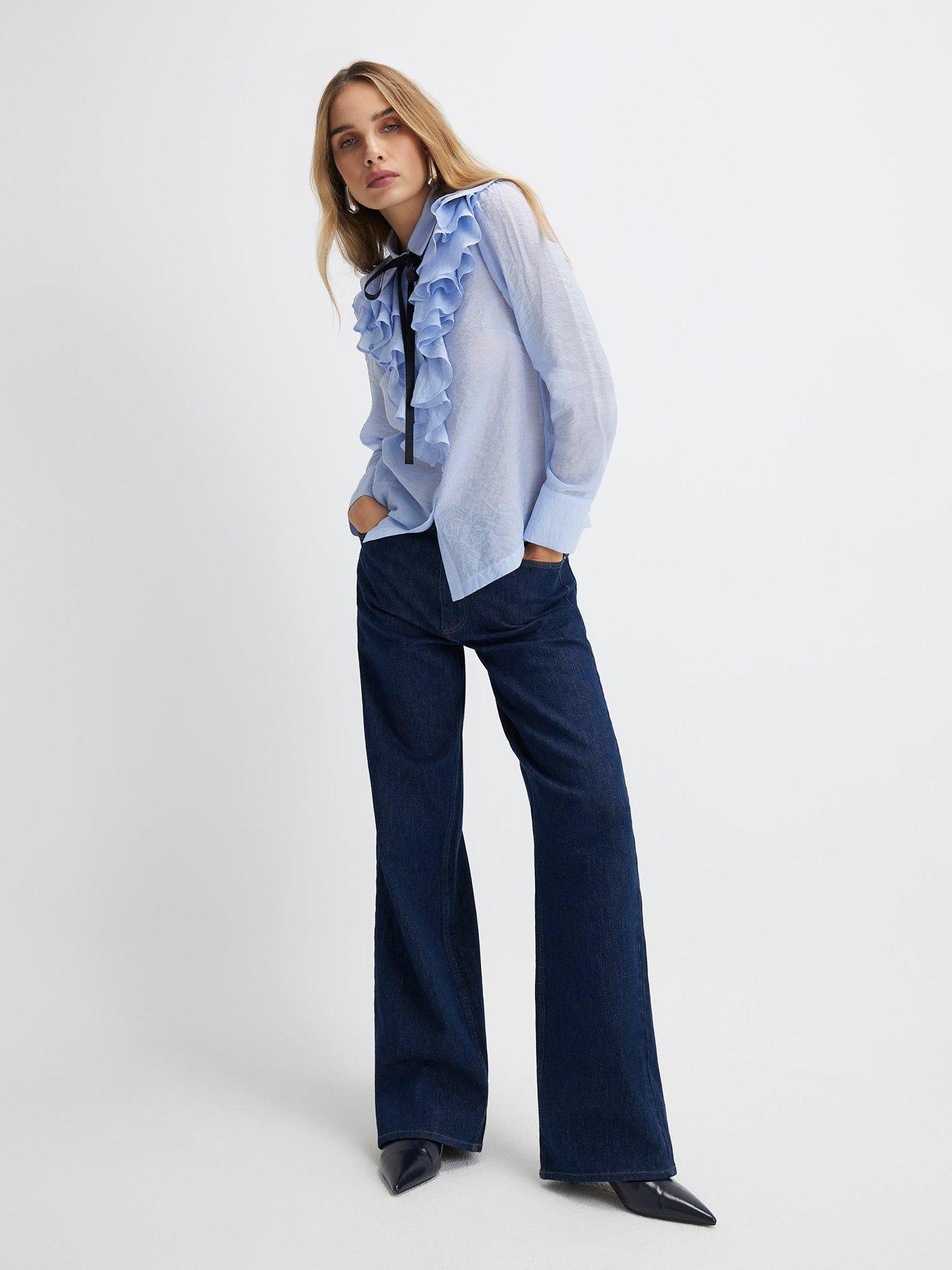  image of river-island-ruffle-tie-neck-blouse-light-blue
