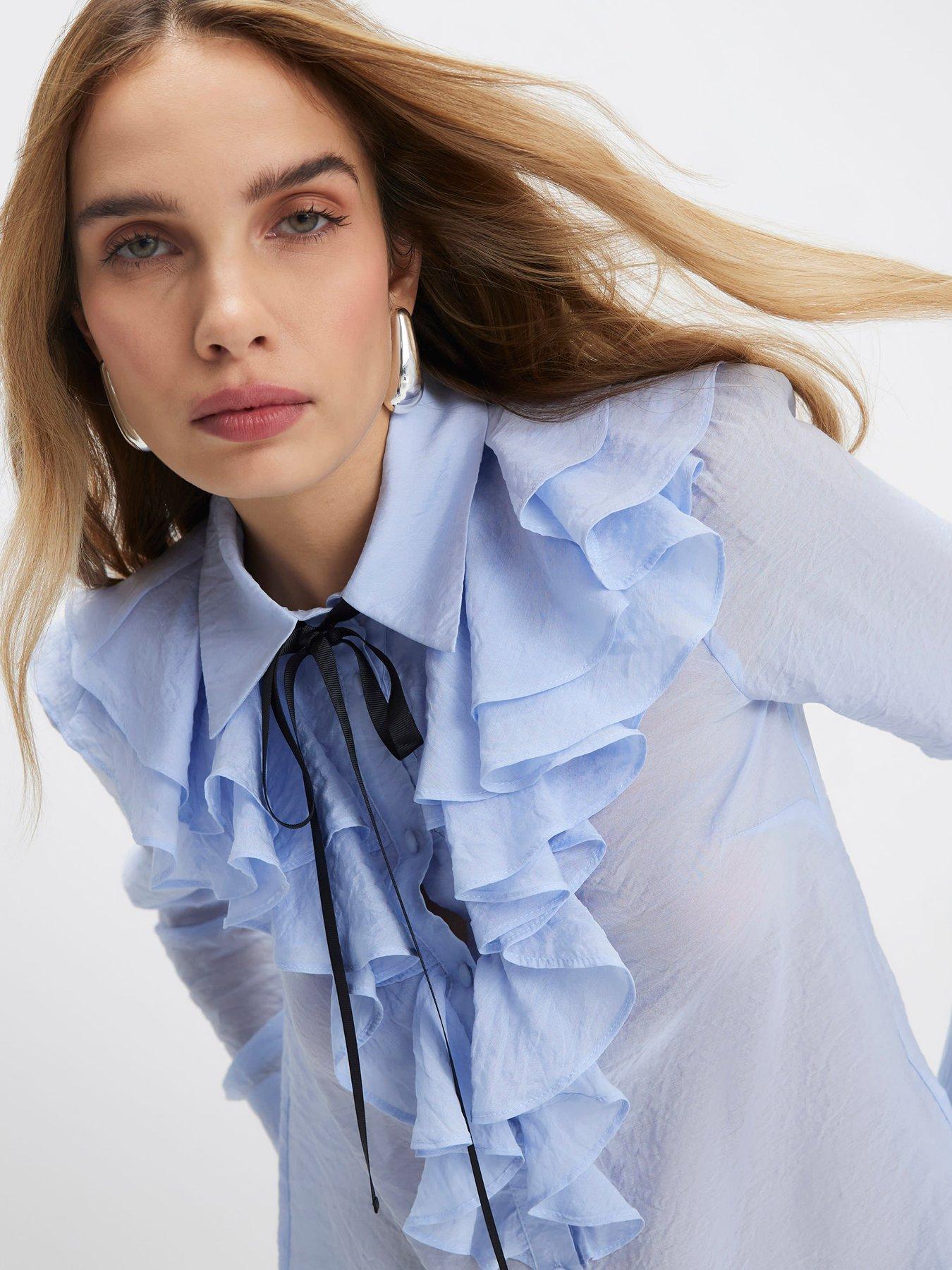  image of river-island-ruffle-tie-neck-blouse-light-blue