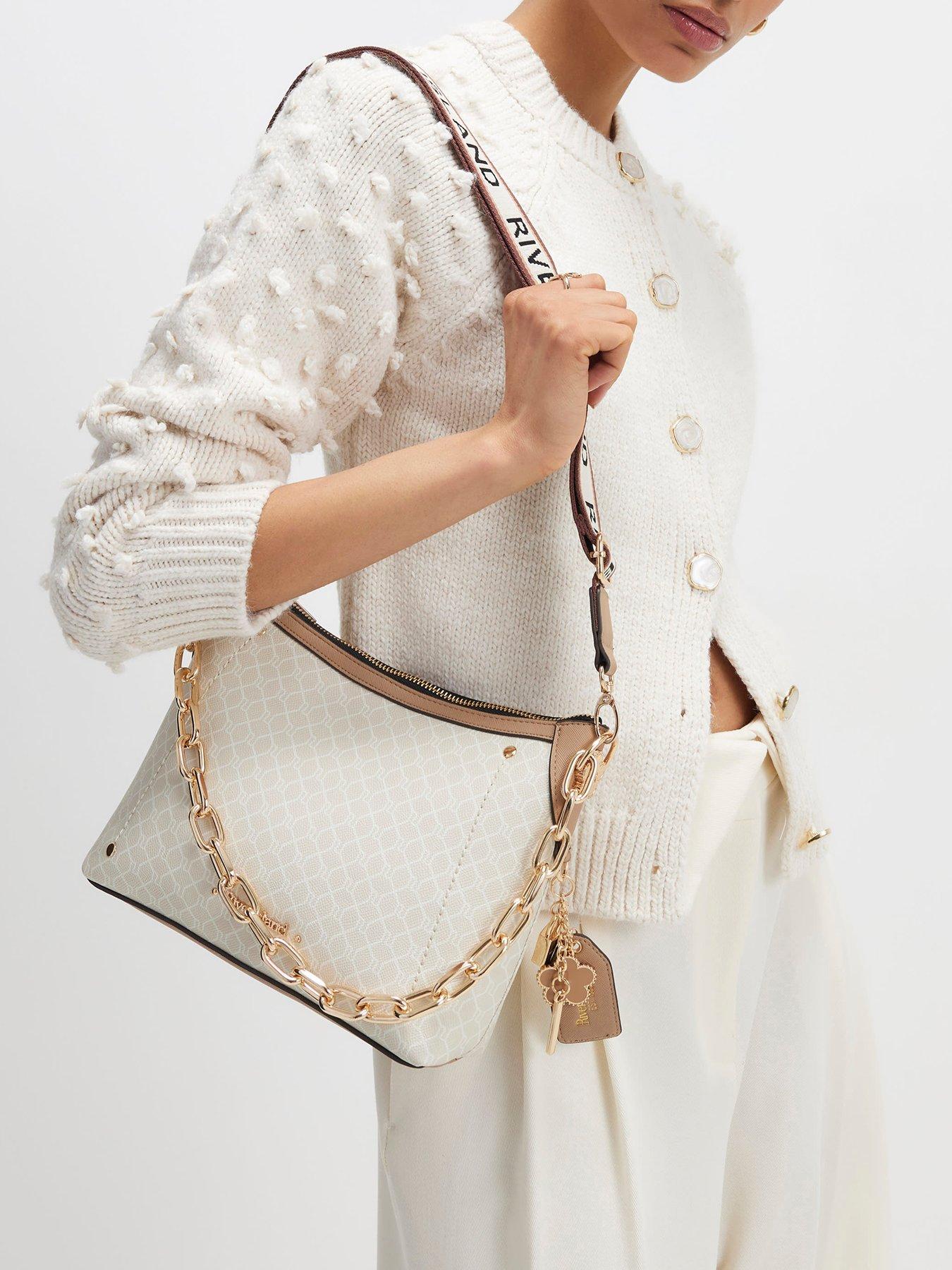 Image 1 of 2 of River Island Monogram Chain Front Crossbody Bag - Beige