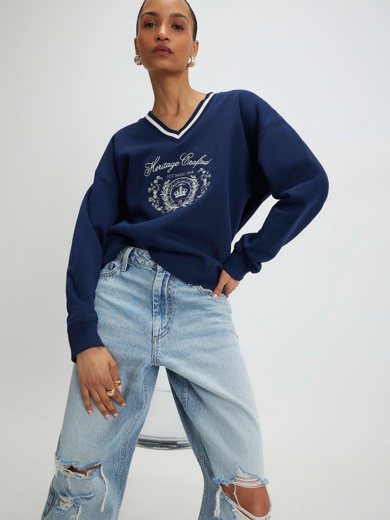 Image 1 of 4 of River Island Long Sleeve Heritage Crest Sweatshirt - Navy