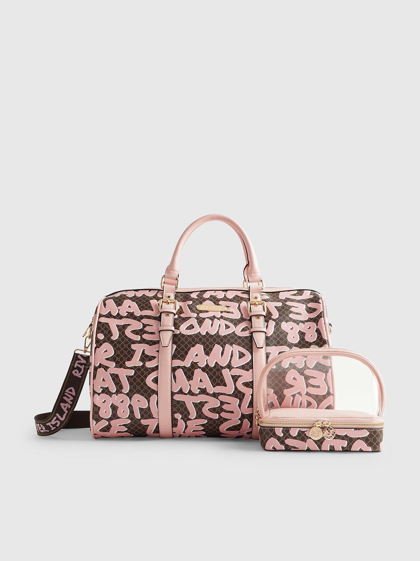 Image 1 of 4 of River Island Monogram Graffiti Barrell Bag Bundle - Brown
