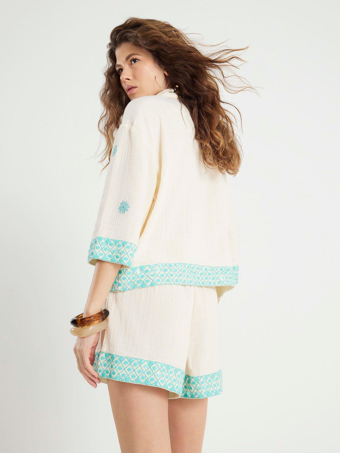 Image 2 of 4 of River Island Sequin Embellished Shorts - Cream