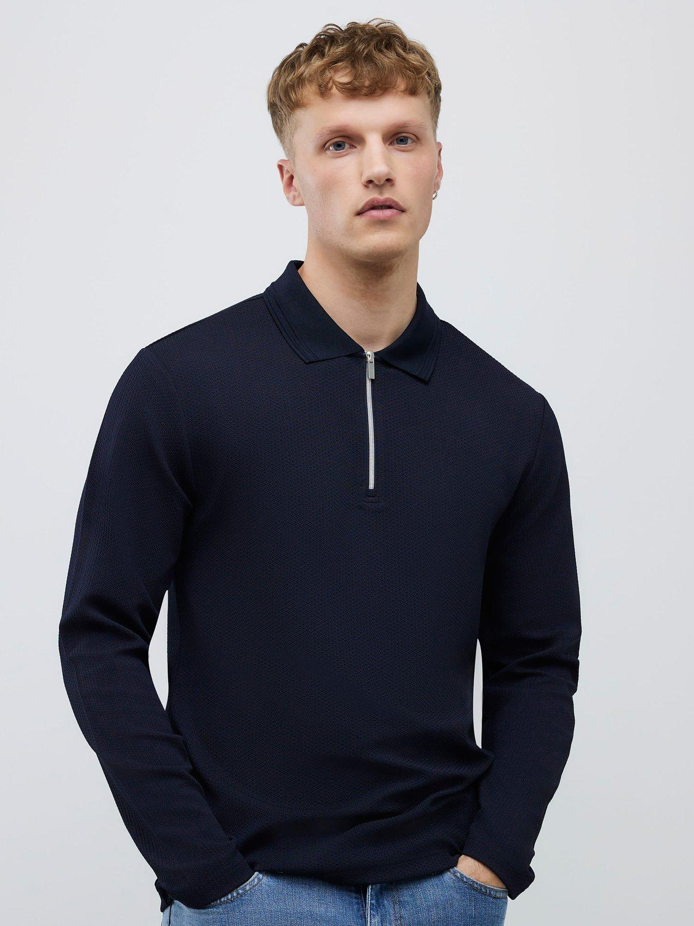 River Island Slim Fit Textured Zip Neck Polo Shirt - Navy