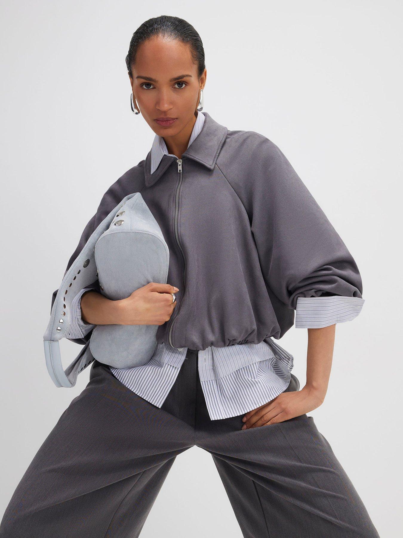 River Island Faux Suede Collared Bomber Jacket - Grey