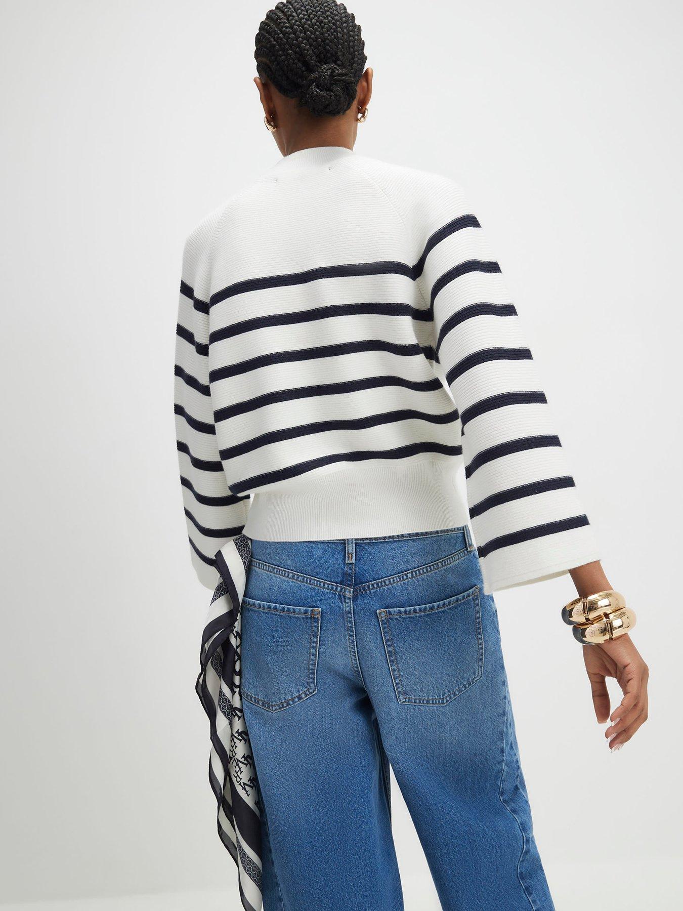  image of river-island-striped-ribbed-button-jumper-cream